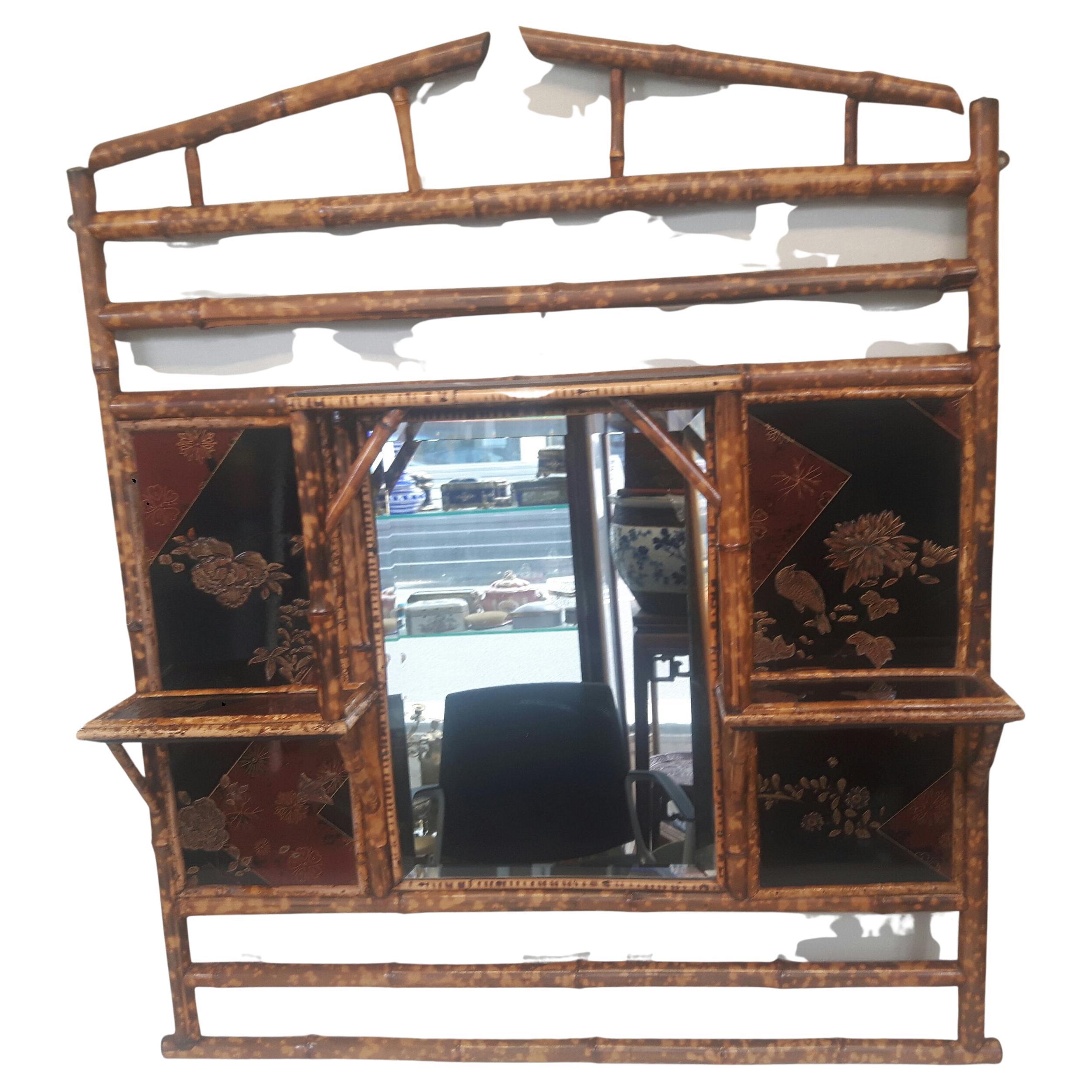 19th century English bamboo and red / black lacquer drawer dressing table (with key)  3 piece set, comprising of dressing table with adjustable mirror  and chair, as well as a accompanying framed mirror on a backboard with shelves (can be mounted on