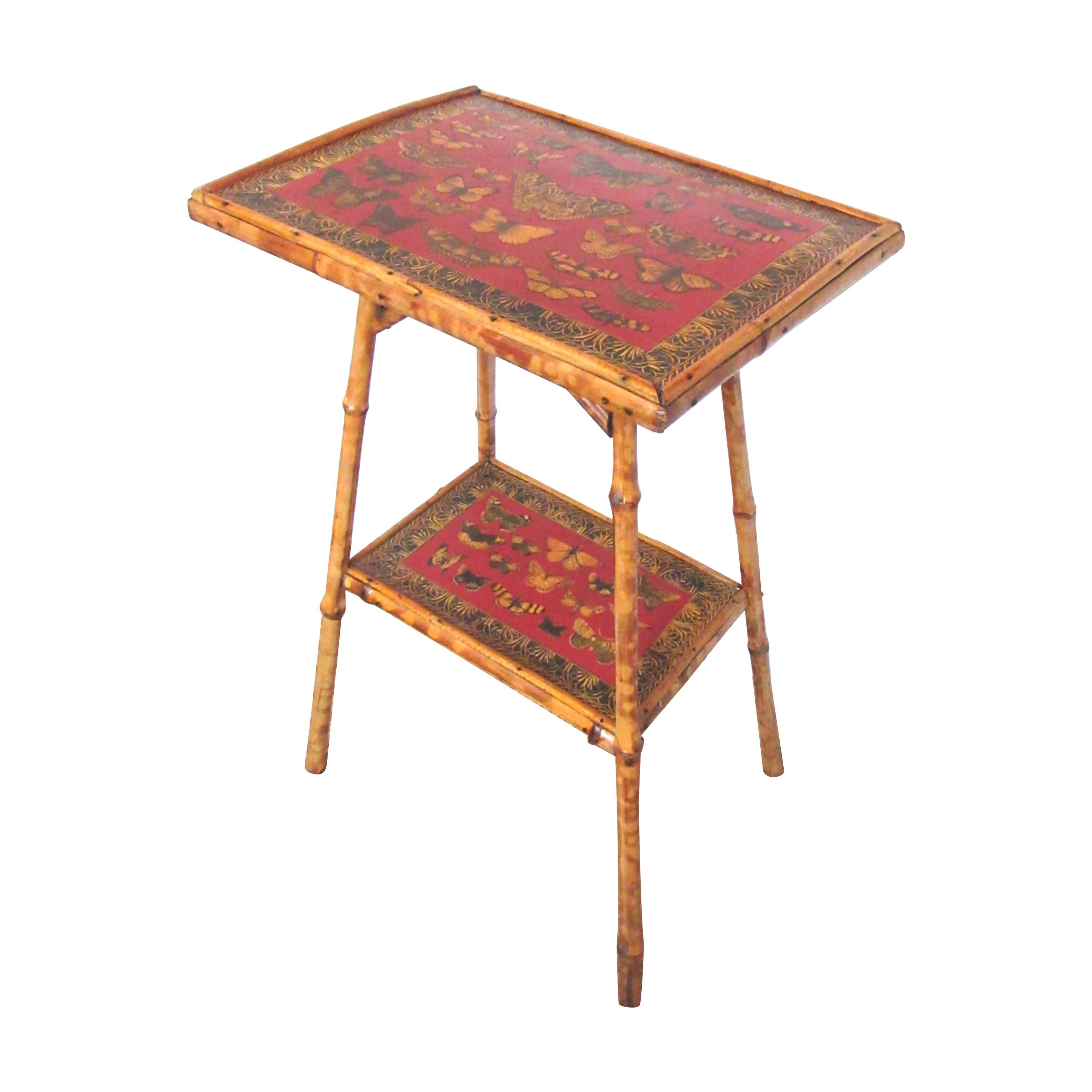19th Century English Bamboo Side Table with Butterfly Decoupage