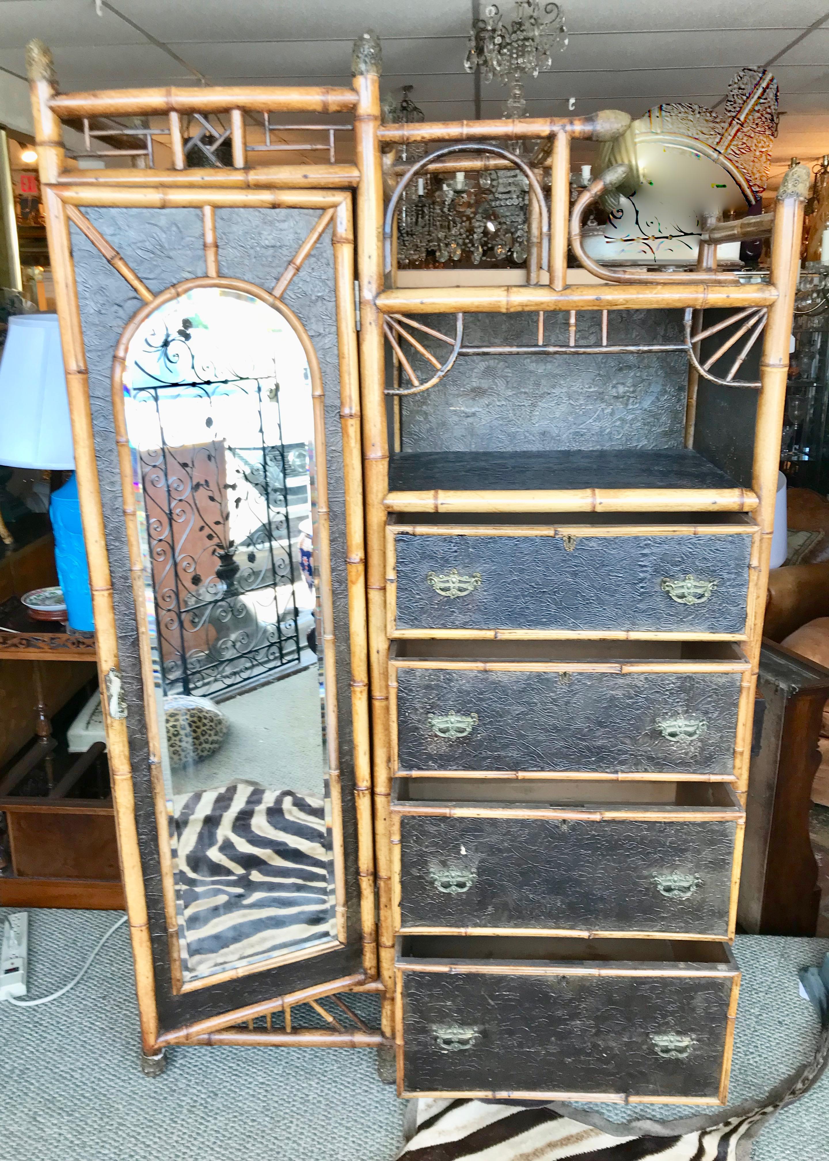 19th Century English Bamboo Wardrobe with Chest of Drawers In Good Condition For Sale In West Palm Beach, FL