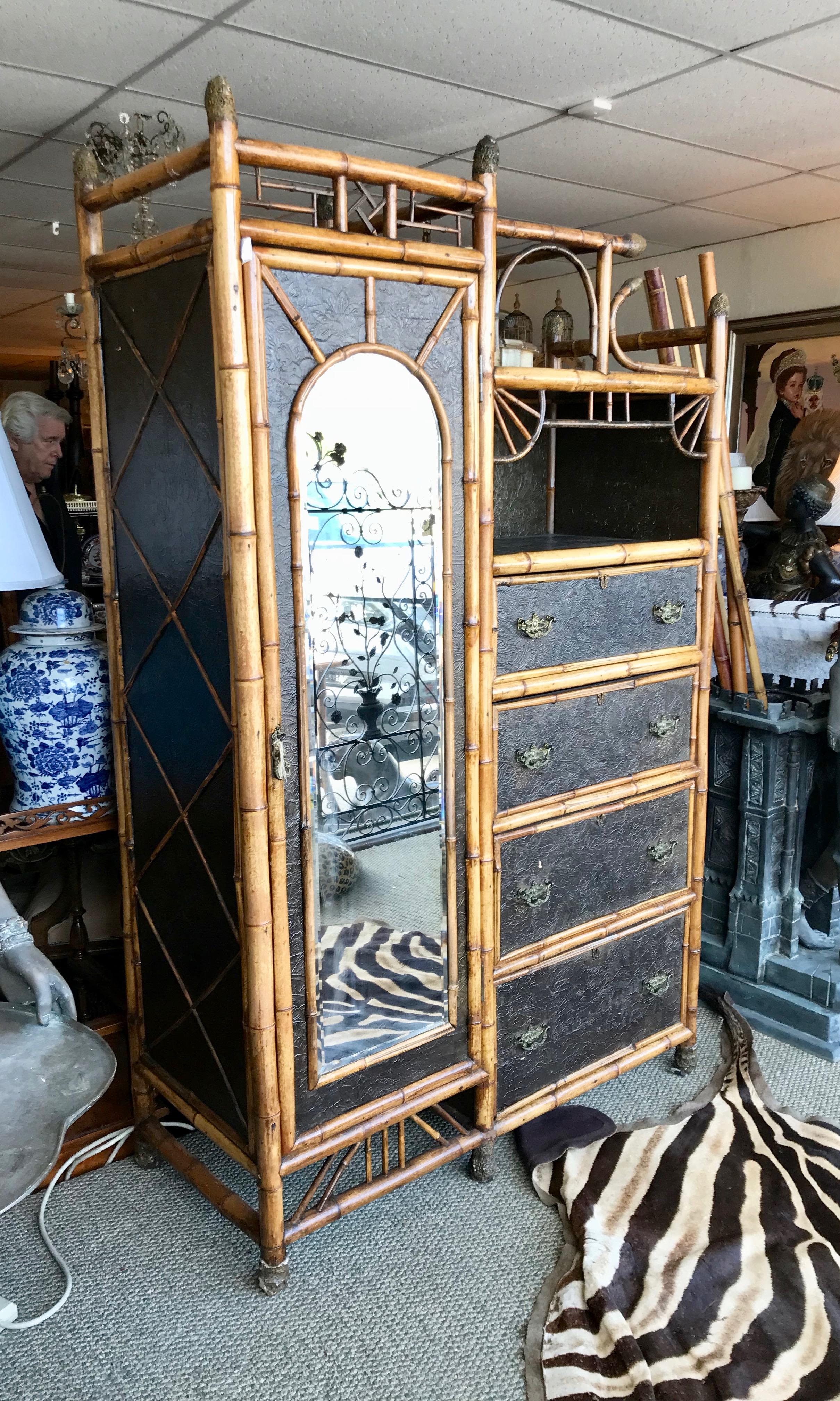 19th Century English Bamboo Wardrobe with Chest of Drawers For Sale 3