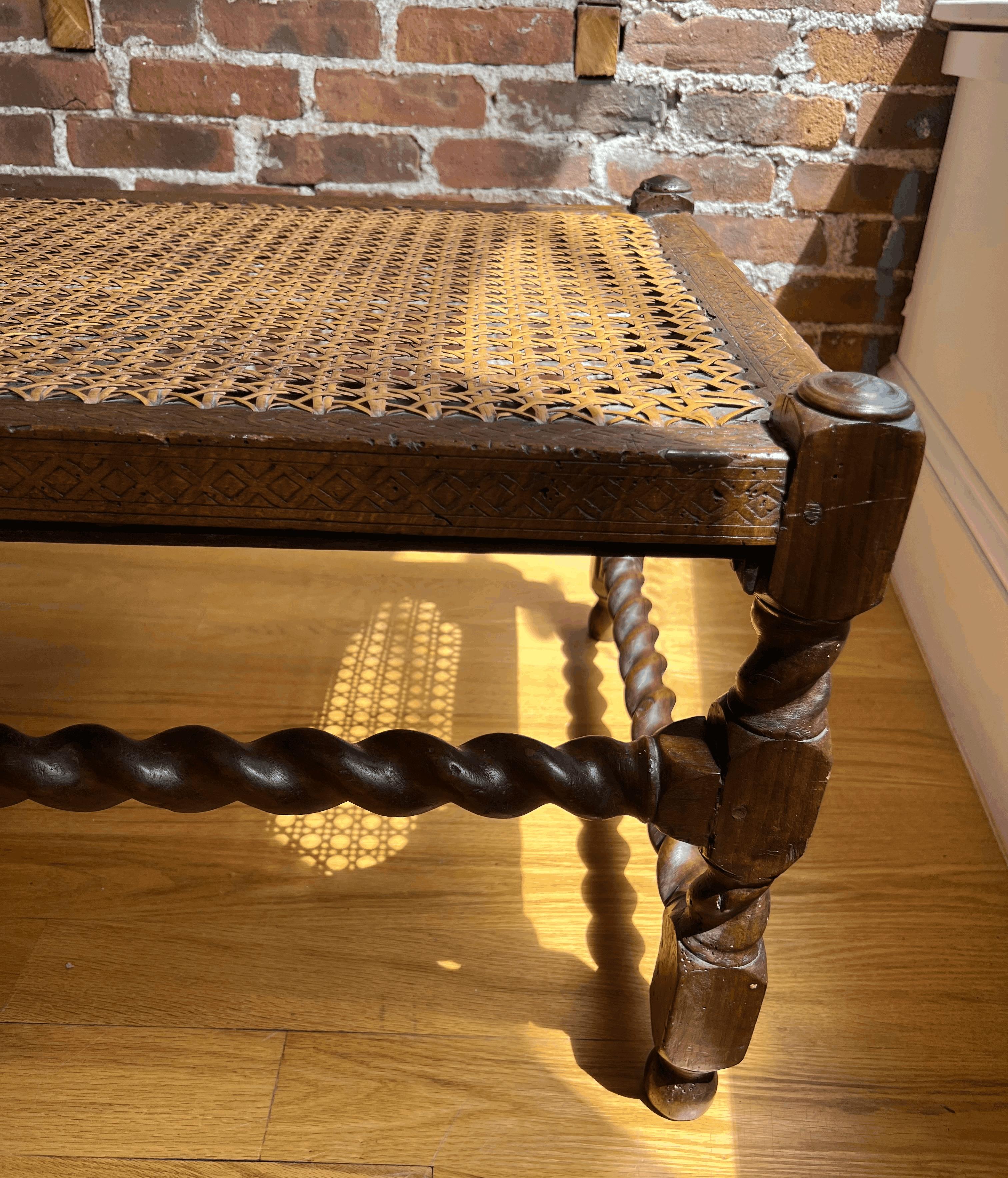 Walnut 19th Century English Barley Twist Caned Bench