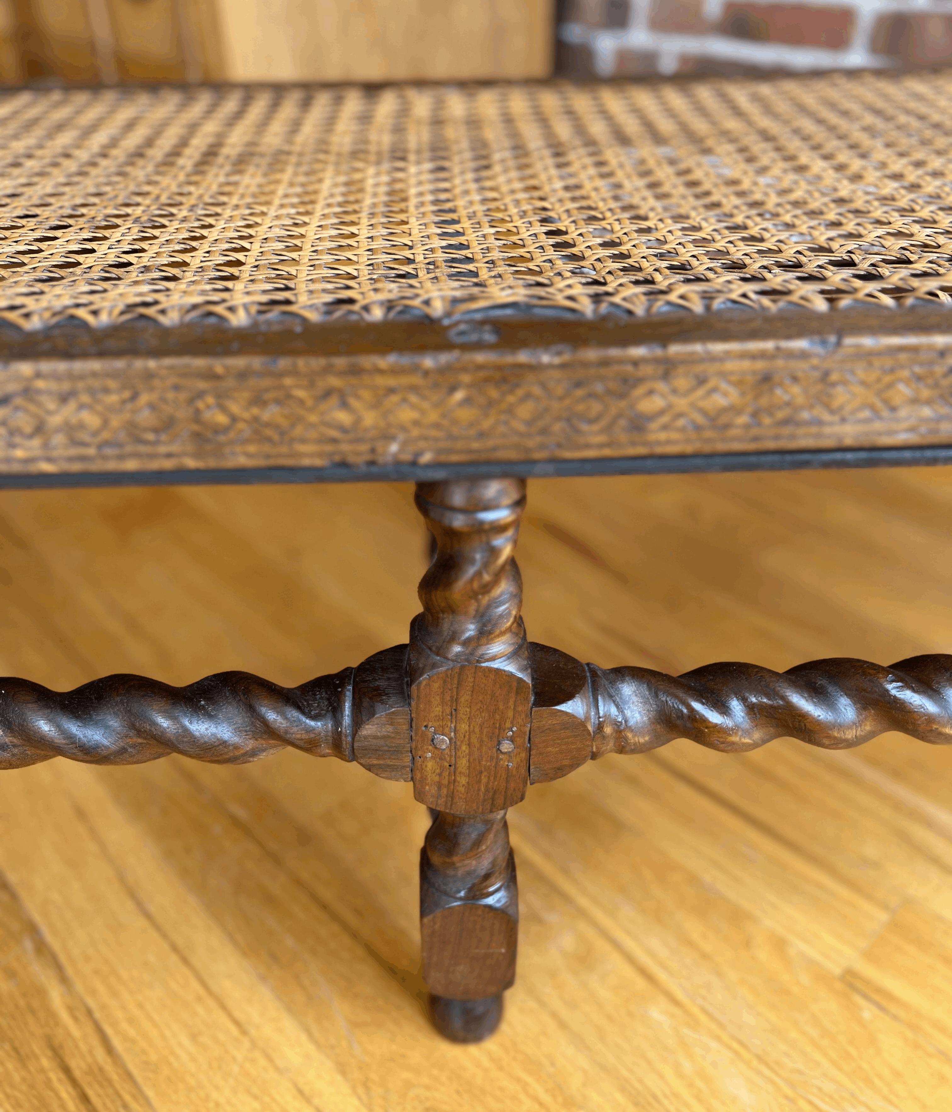 19th Century English Barley Twist Caned Bench 1