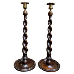 19th Century English Barley Twist Carved Oak Candlestick Tall Pair Brass
