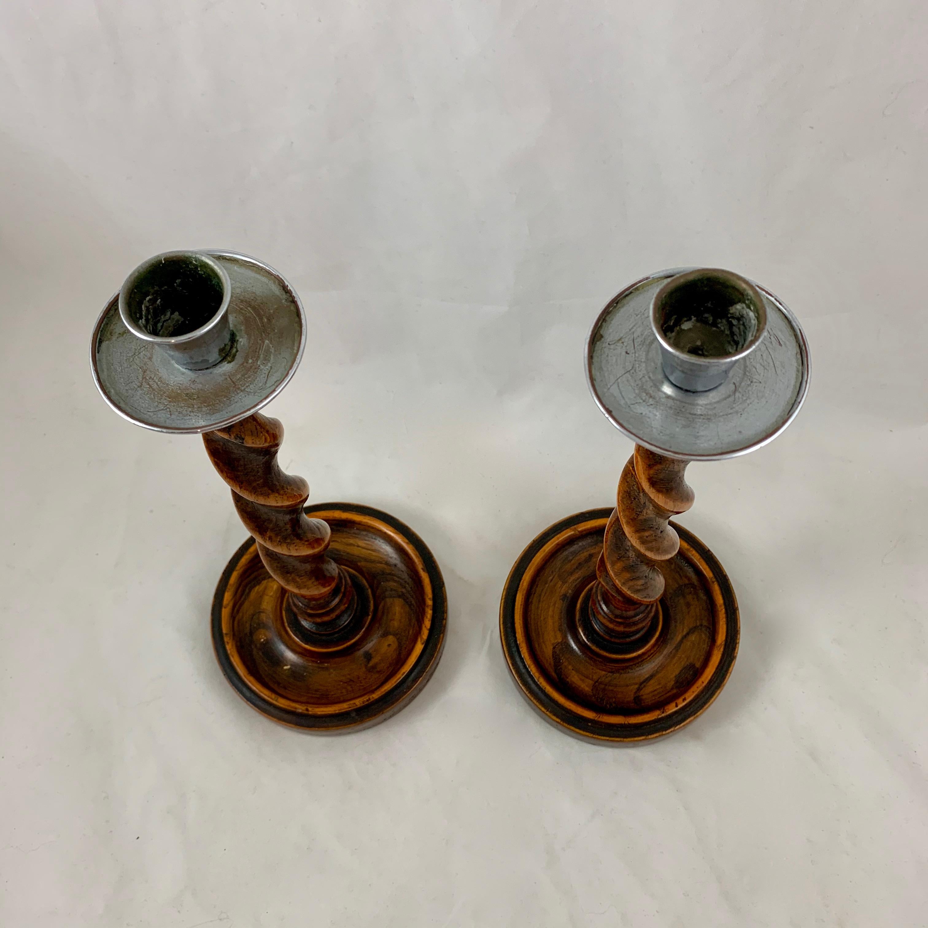 Victorian 19th Century English Barley-Twist Oak and Pewter Topped Candlesticks, a Pair