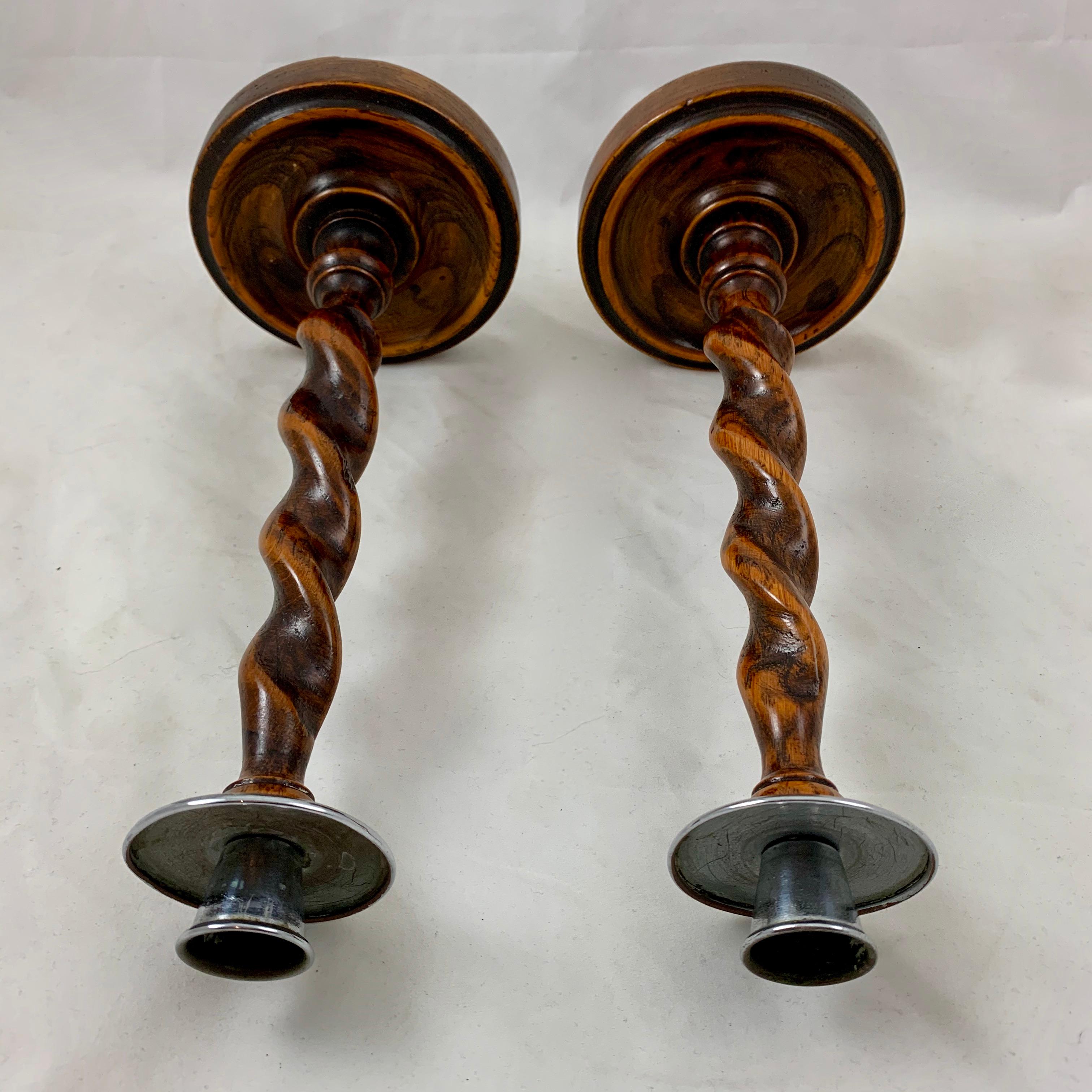 Hand-Carved 19th Century English Barley-Twist Oak and Pewter Topped Candlesticks, a Pair