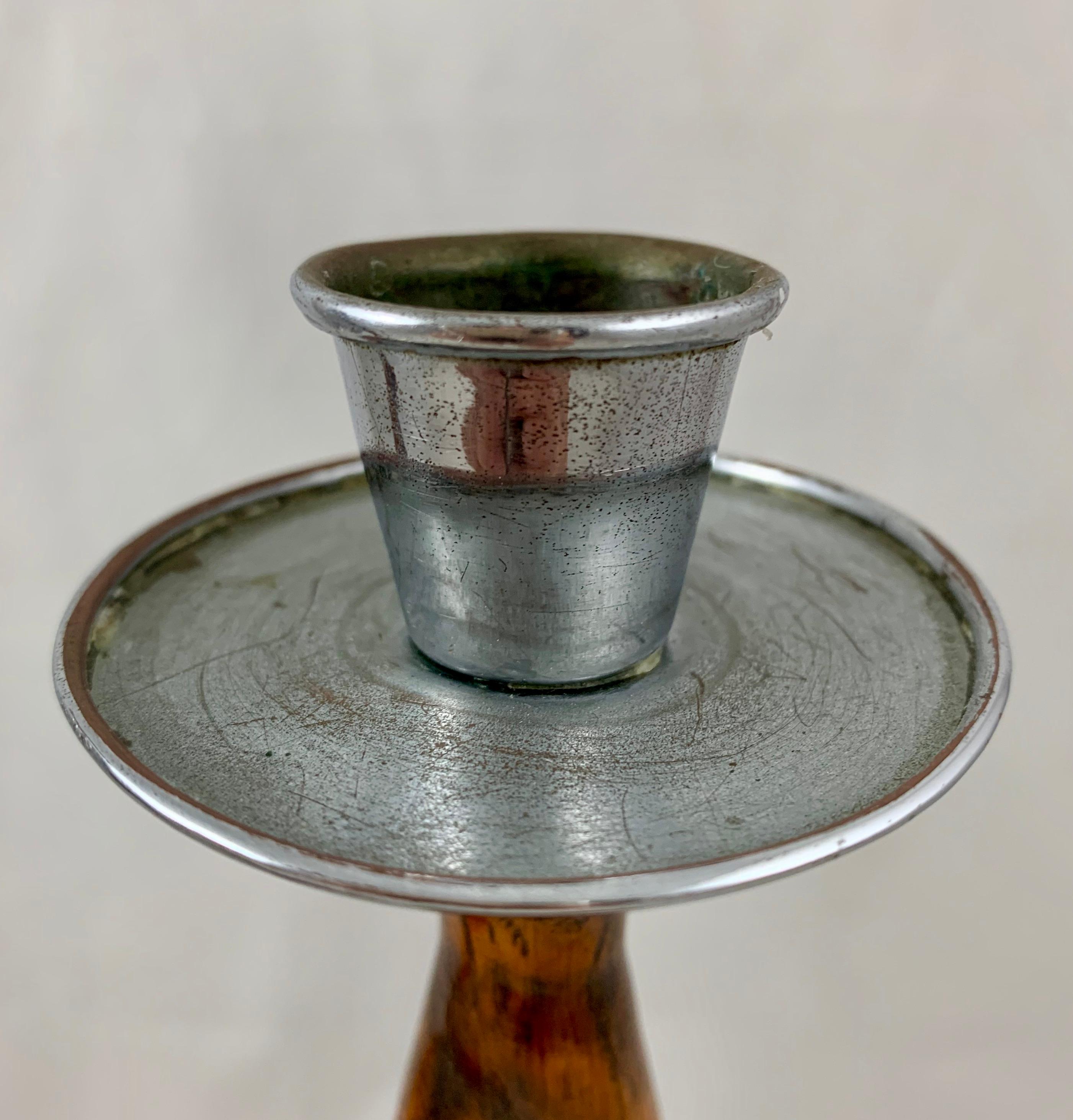 19th Century English Barley-Twist Oak and Pewter Topped Candlesticks, a Pair 1