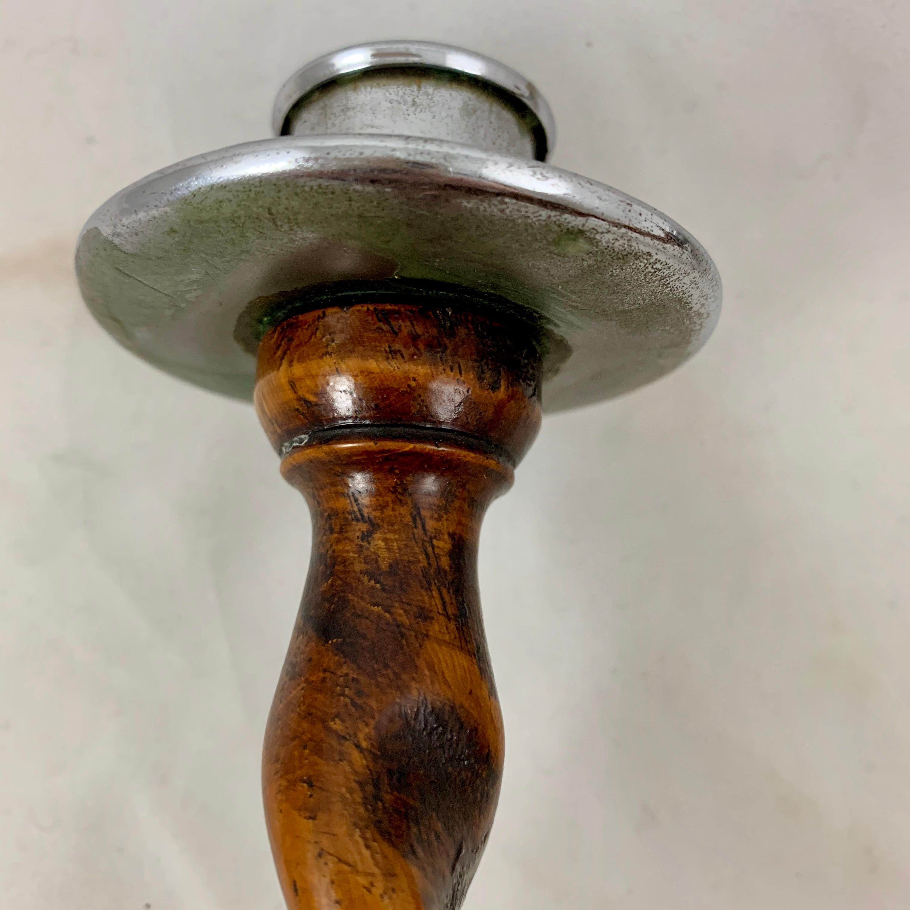 19th Century English Barley-Twist Oak and Pewter Topped Candlesticks, a Pair 3