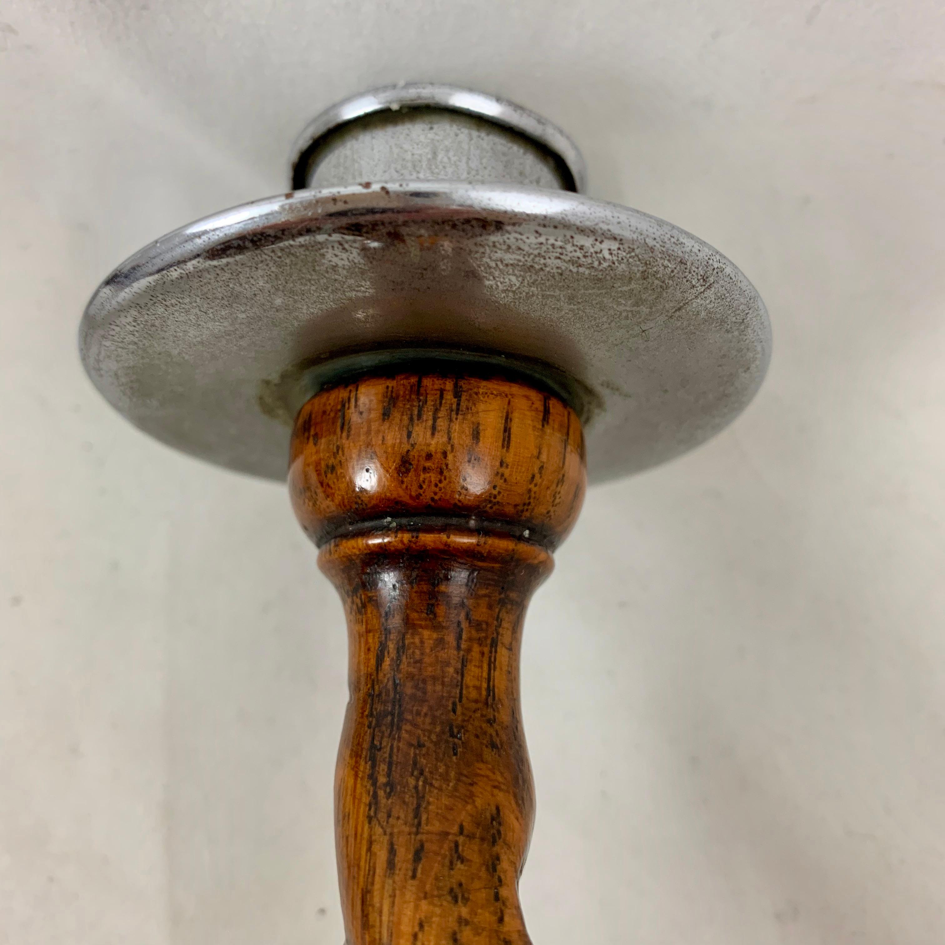 19th Century English Barley-Twist Oak and Pewter Topped Candlesticks, a Pair 4