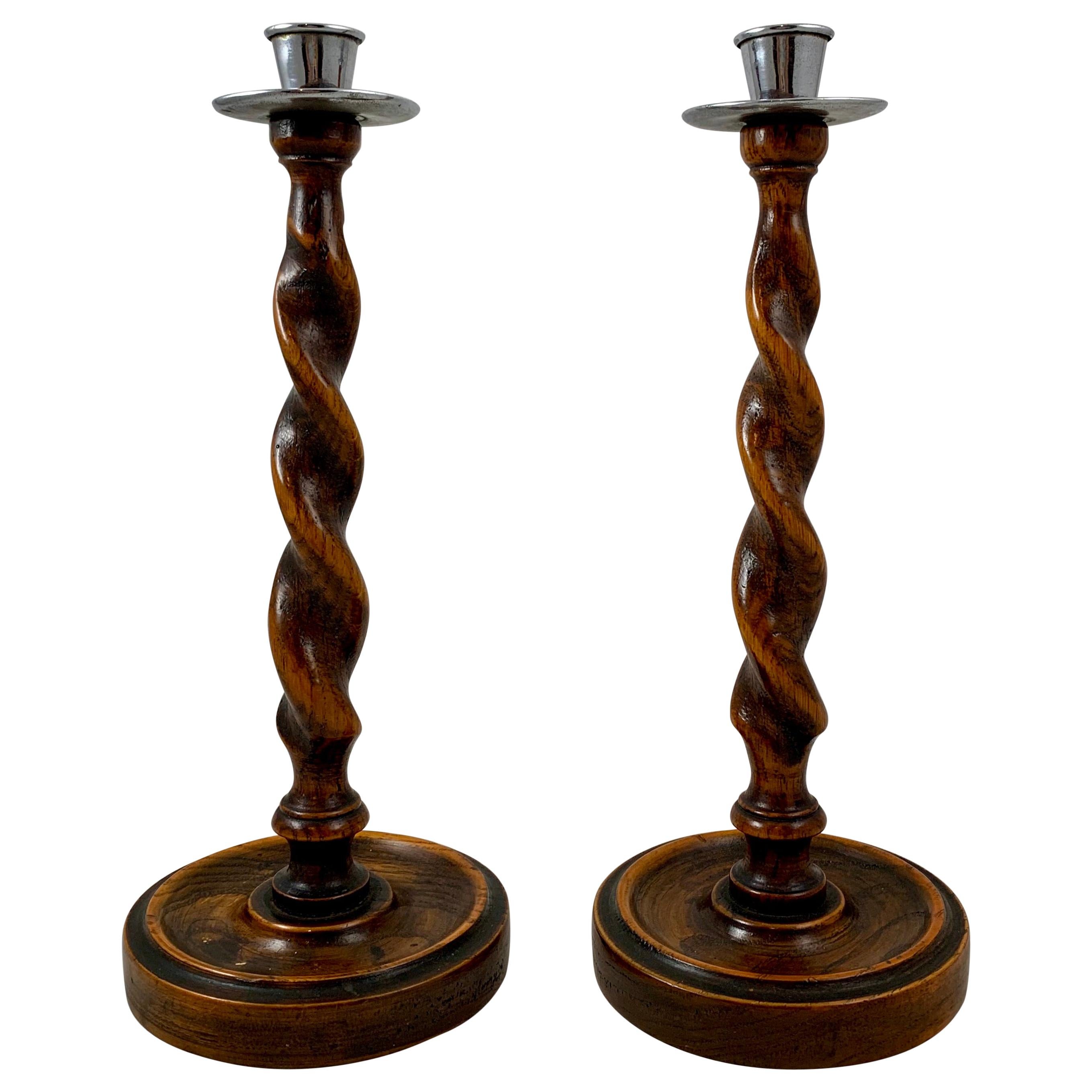 19th Century English Barley-Twist Oak and Pewter Topped Candlesticks, a Pair