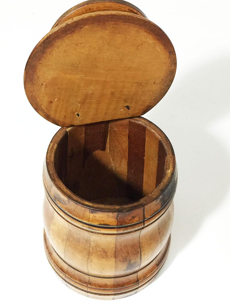 Wood 19th Century English Barrel Shaped Wall Mounted Salt Box For Sale