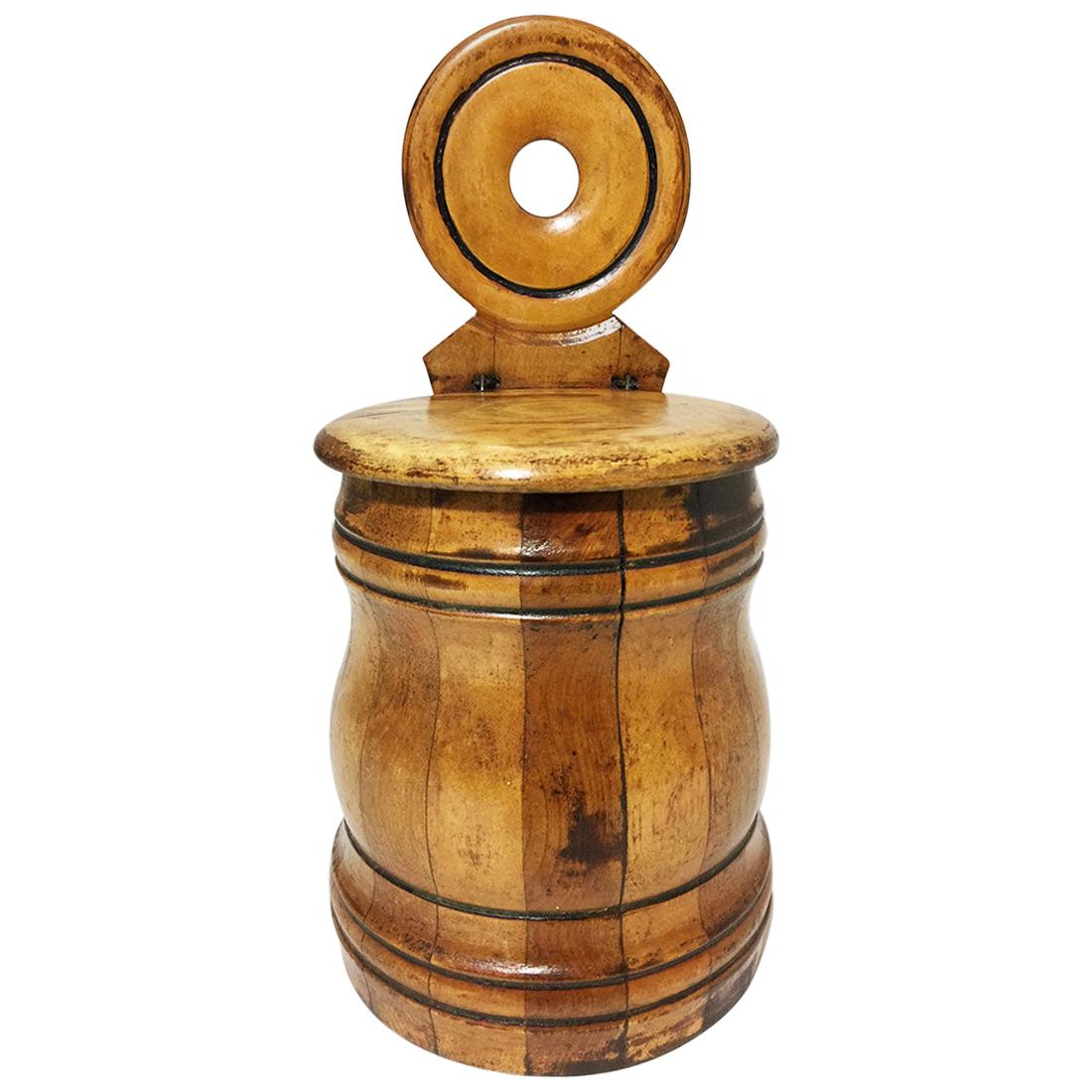 19th Century English Barrel Shaped Wall Mounted Salt Box For Sale