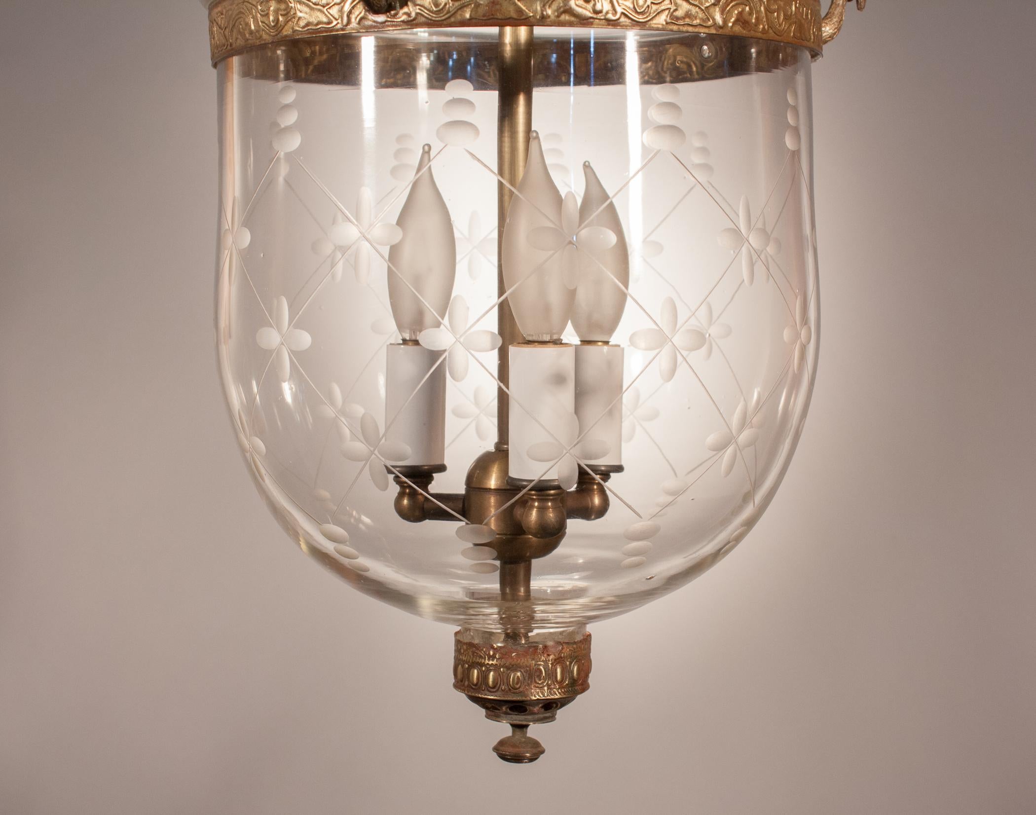 19th Century Antique Bell Jar Lantern with Trellis Etching