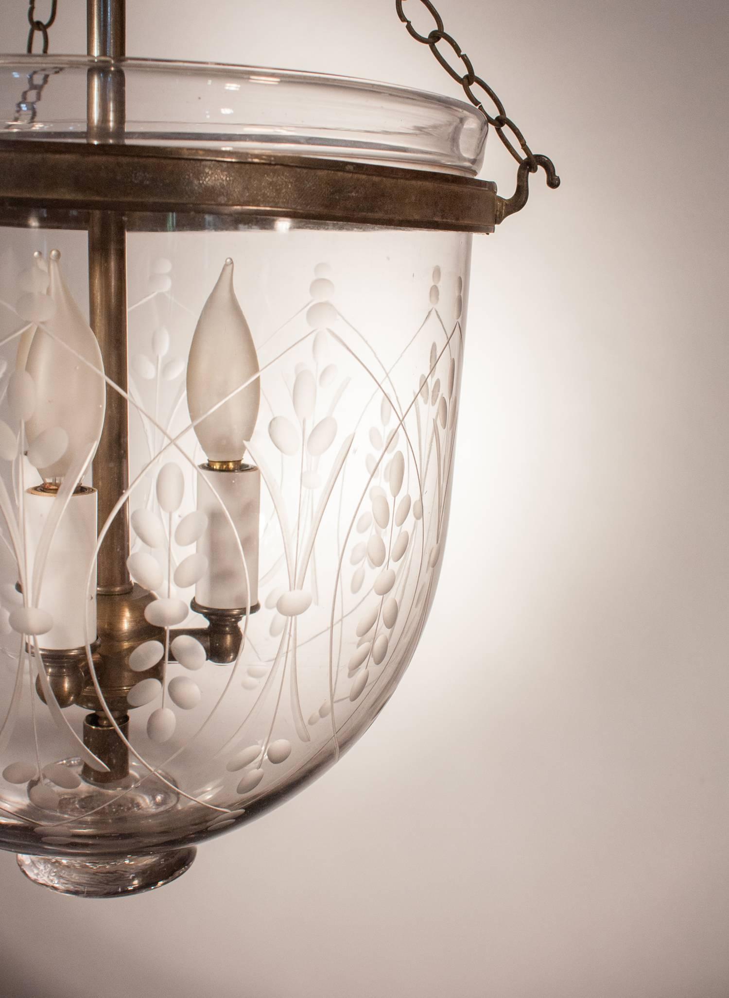 19th Century English Bell Jar Lantern with Wheat Etching In Good Condition In Heath, MA