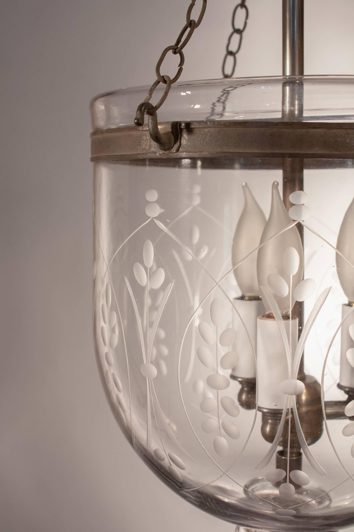 Brass 19th Century English Bell Jar Lantern with Wheat Etching