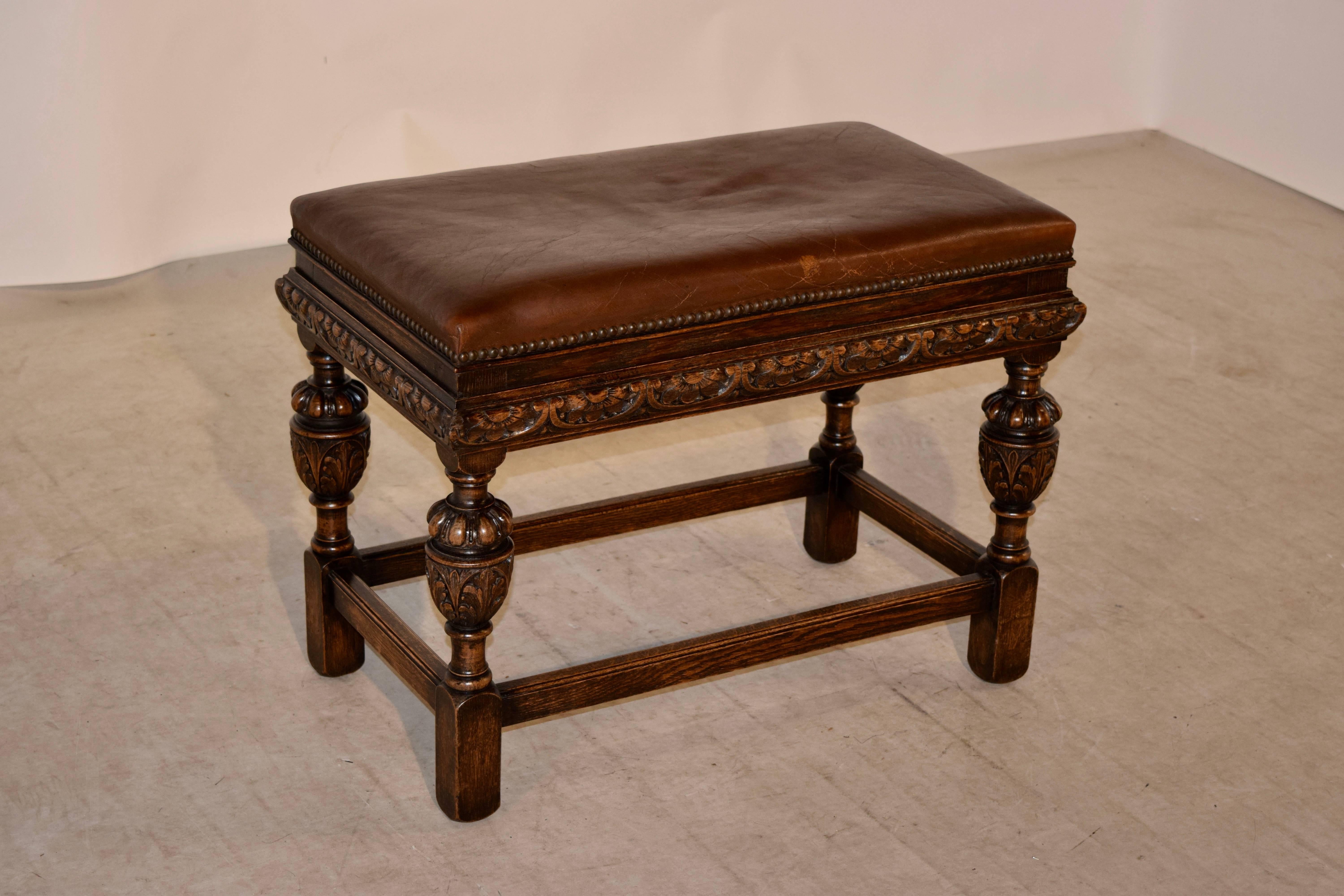 19th Century English Bench with Leather Top In Excellent Condition In High Point, NC