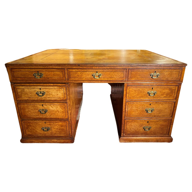 19th Century English Birdseye Maple Partners Desk with Tooled Leather