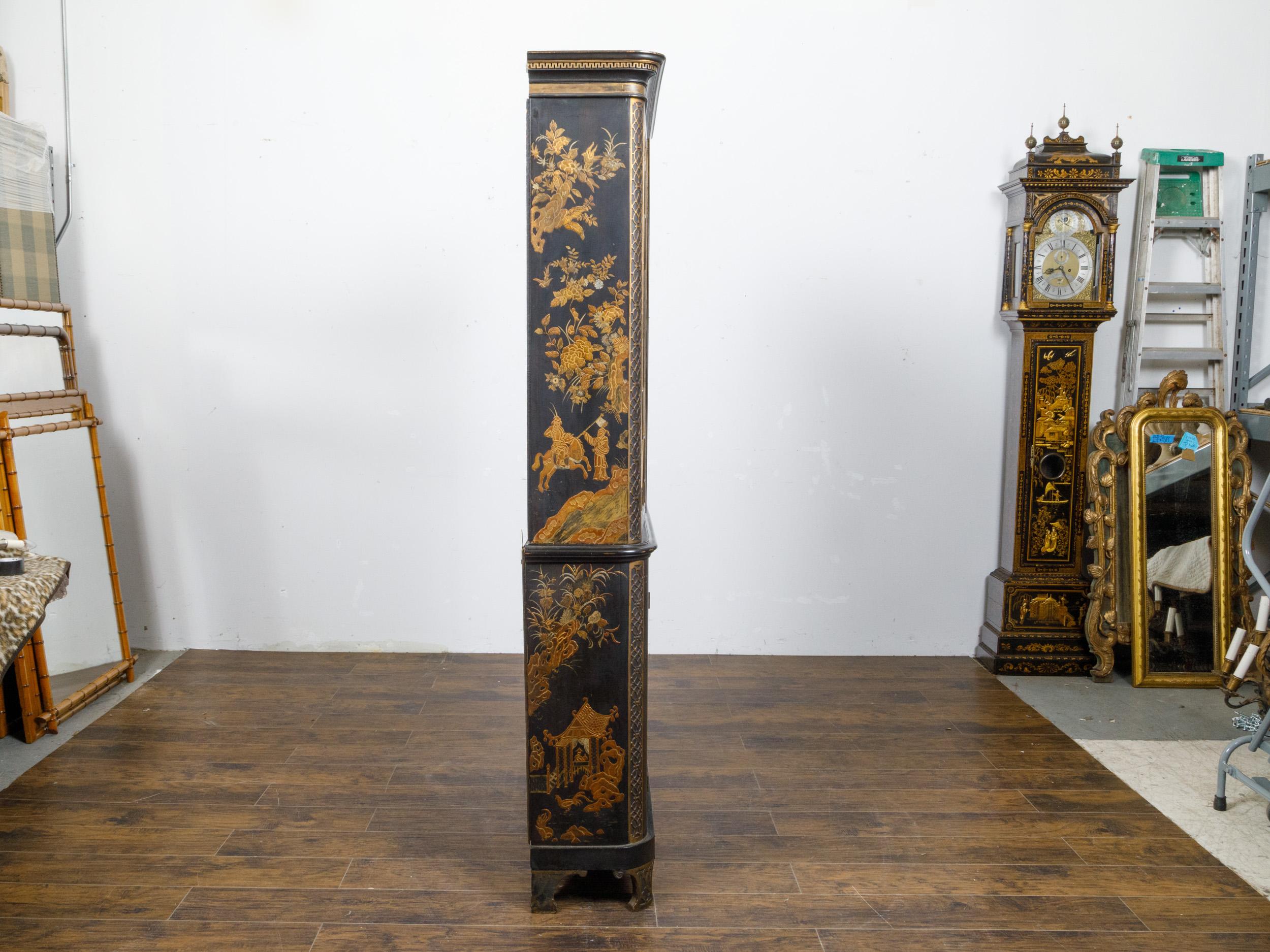 Carved 19th Century English Black and Gold Chinoiserie Bookcase with Glass Doors For Sale