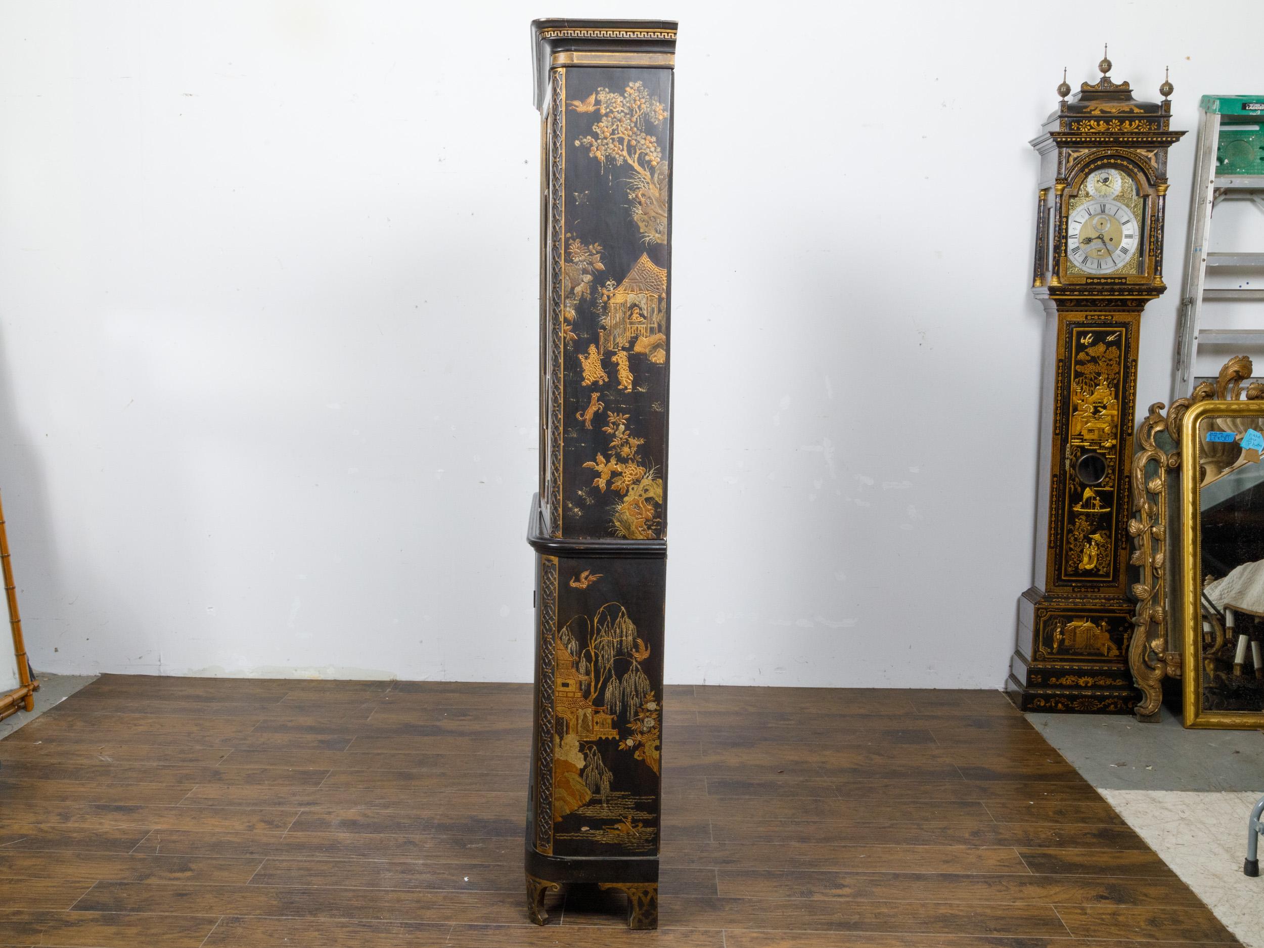 19th Century English Black and Gold Chinoiserie Bookcase with Glass Doors For Sale 2