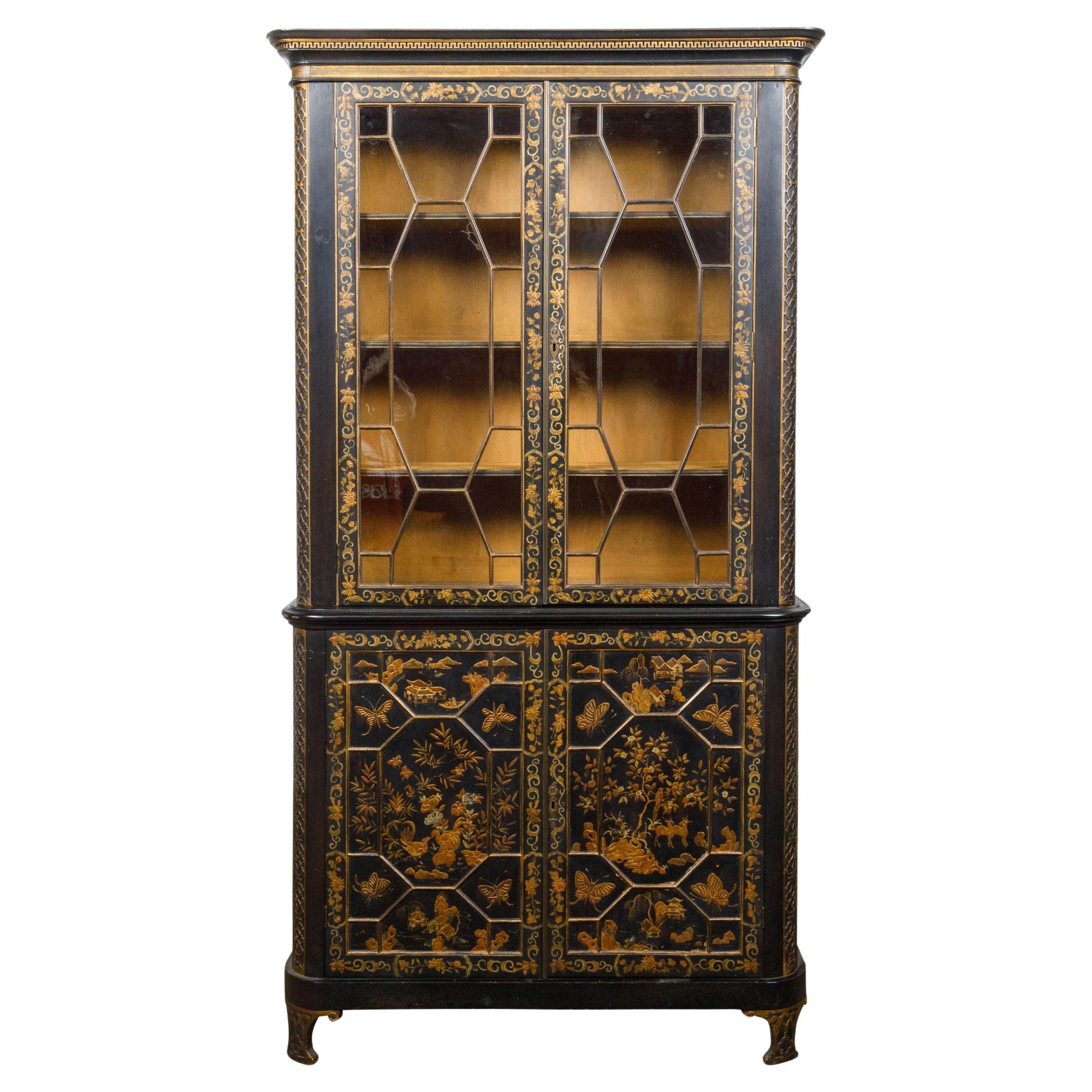 19th Century English Black and Gold Chinoiserie Bookcase with Glass Doors