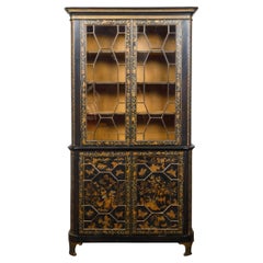 Antique 19th Century English Black and Gold Chinoiserie Bookcase with Glass Doors
