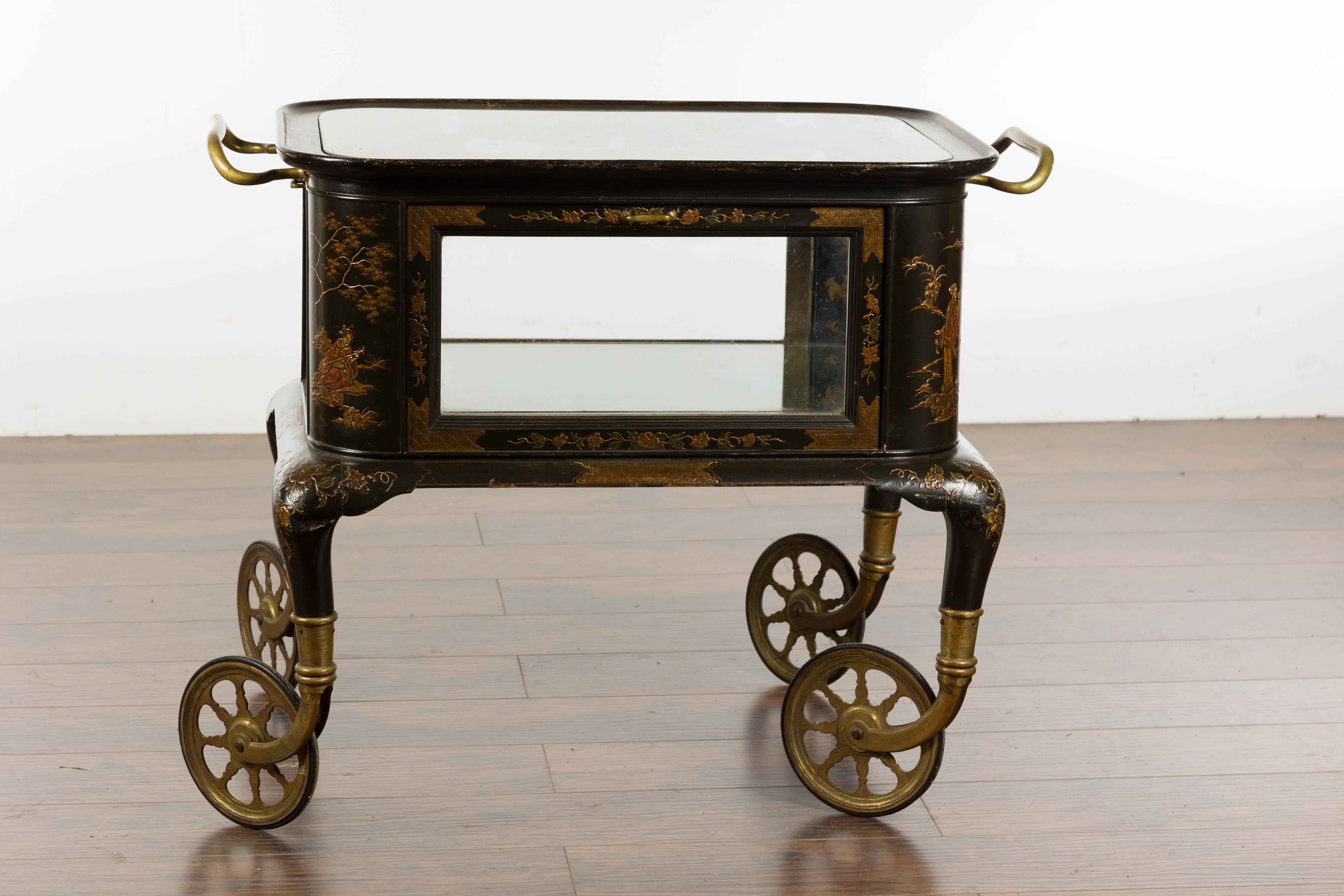 Chariot anglais du 19e siècle en japannage noir et or avec décor de Chinoiserie en vente 9
