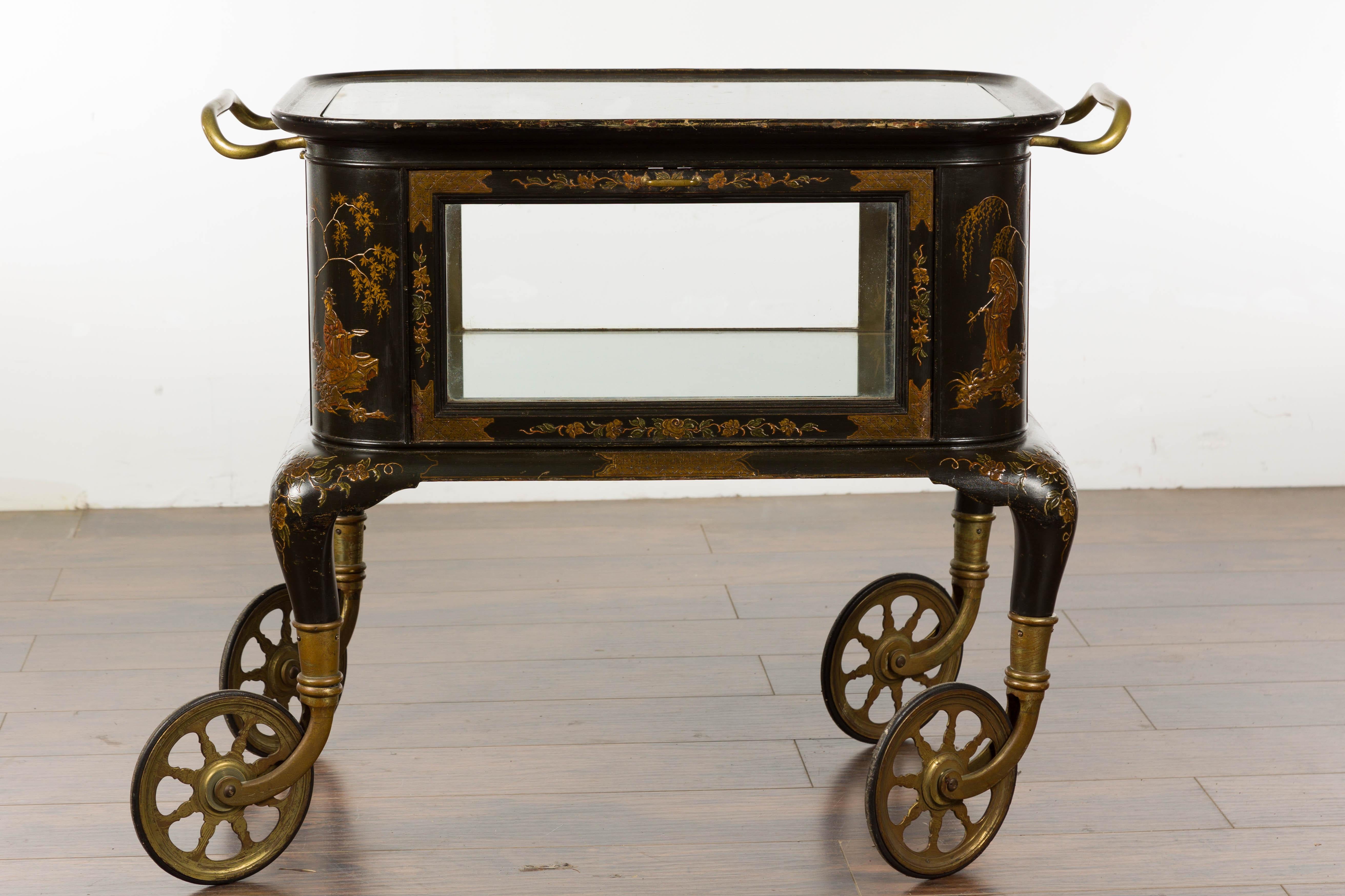 Chinoiseries Chariot anglais du 19e siècle en japannage noir et or avec décor de Chinoiserie en vente
