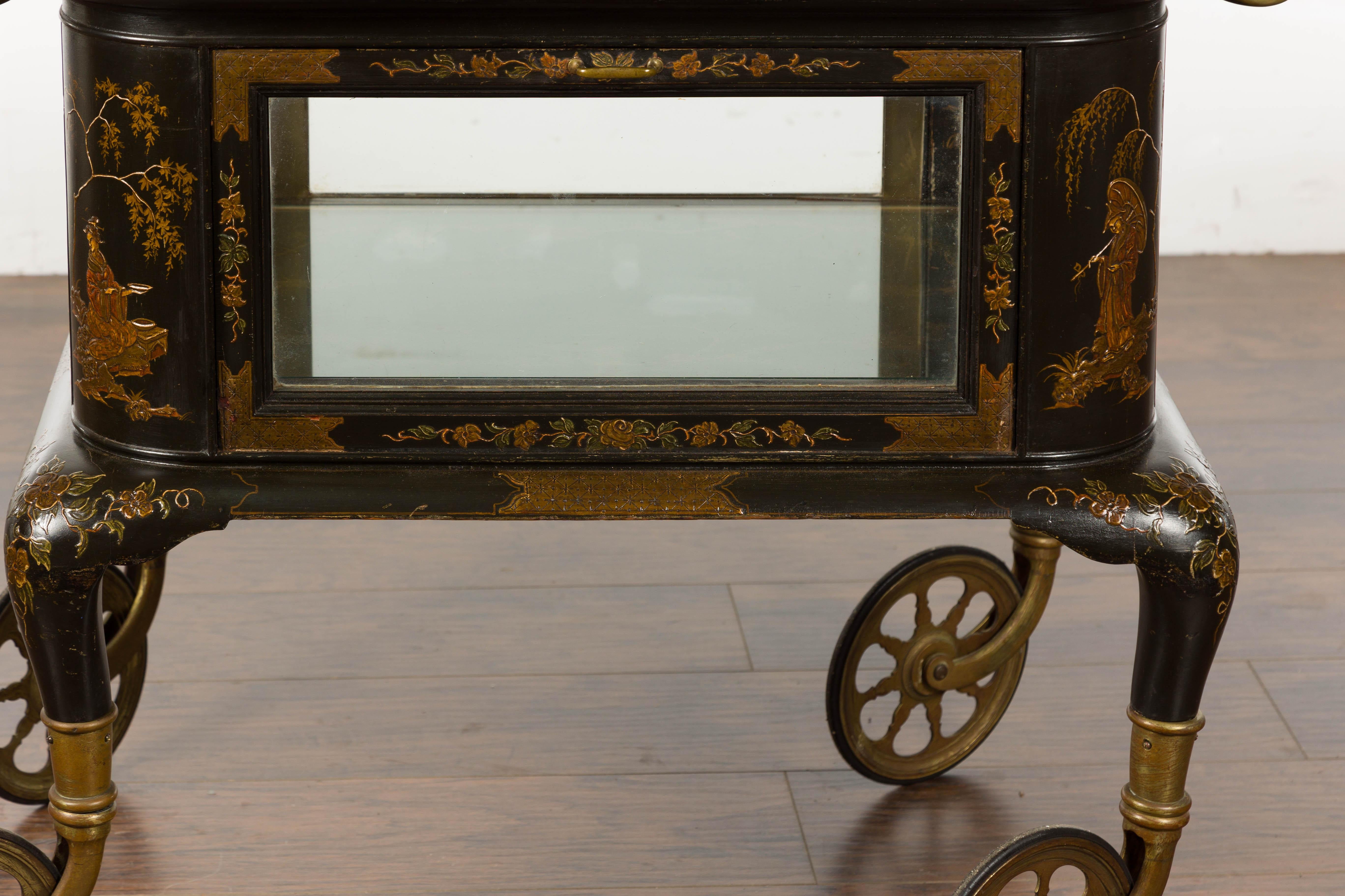 Brass 19th Century English Black and Gold Japanned Cart with Chinoiserie Décor For Sale