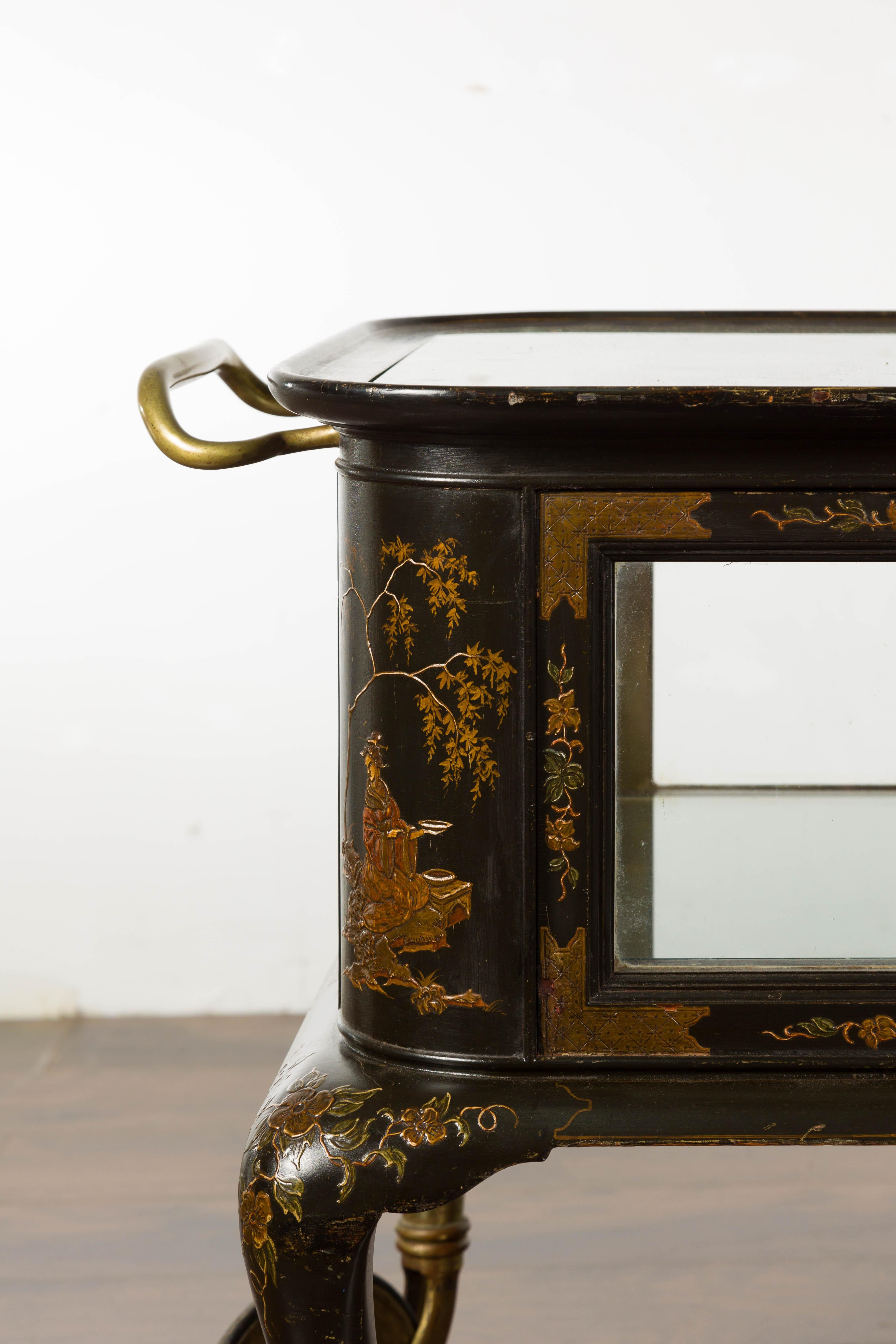 19th Century English Black and Gold Japanned Cart with Chinoiserie Décor For Sale 1