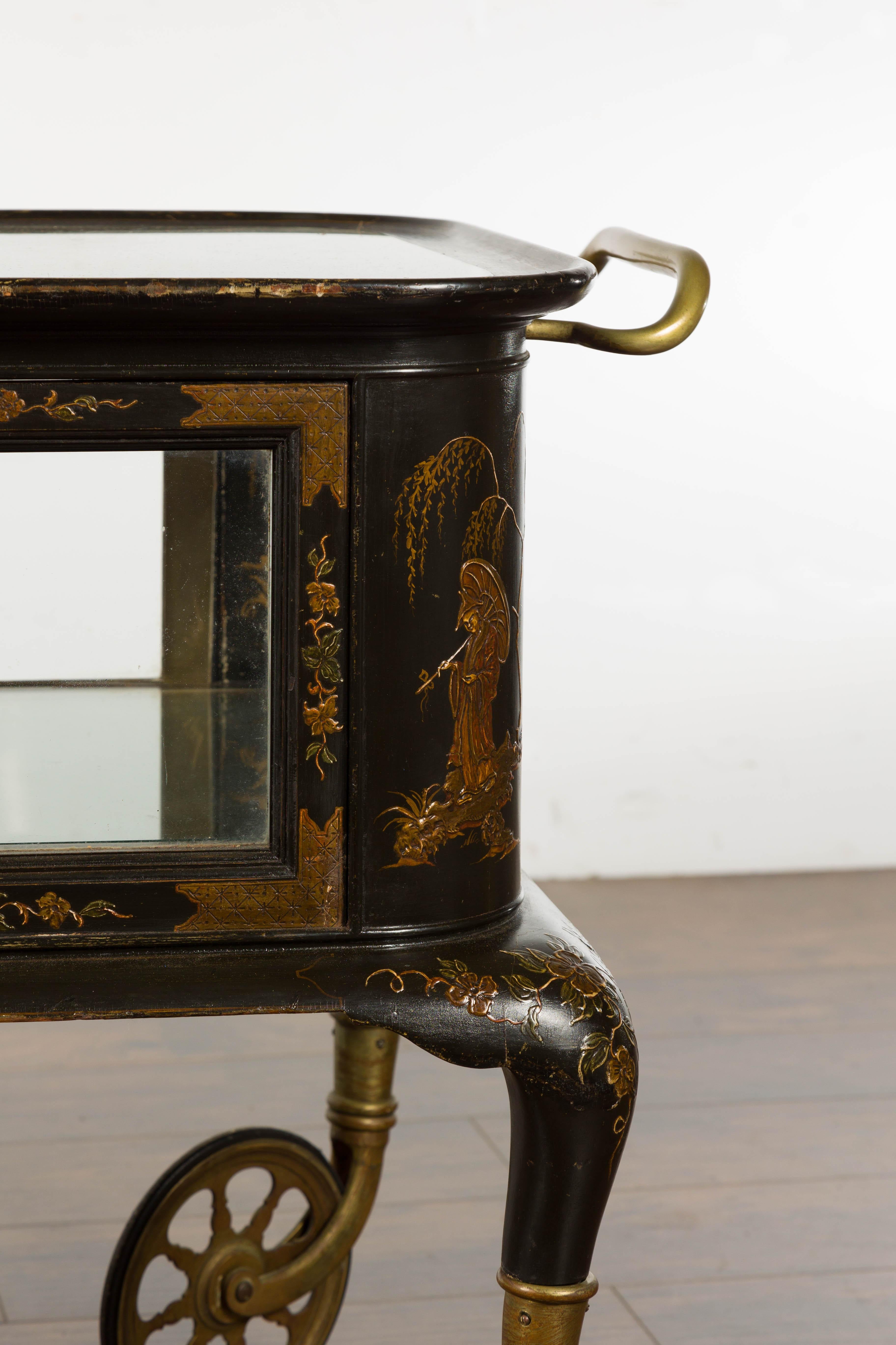 19th Century English Black and Gold Japanned Cart with Chinoiserie Décor For Sale 4