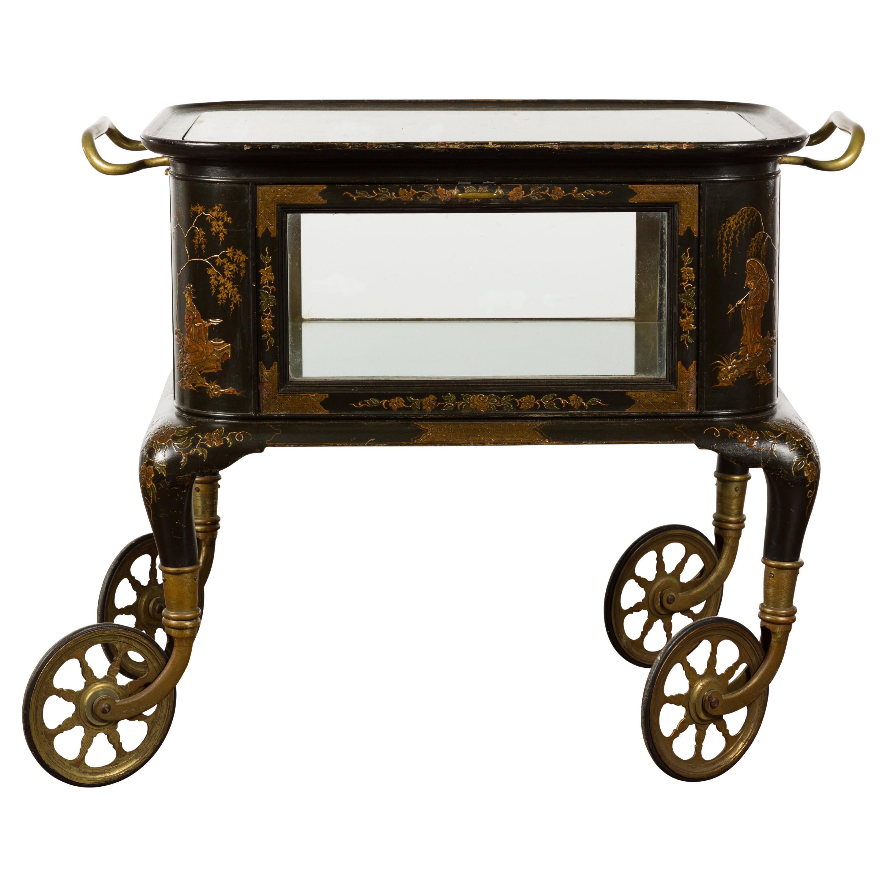 19th Century English Black and Gold Japanned Cart with Chinoiserie Décor For Sale