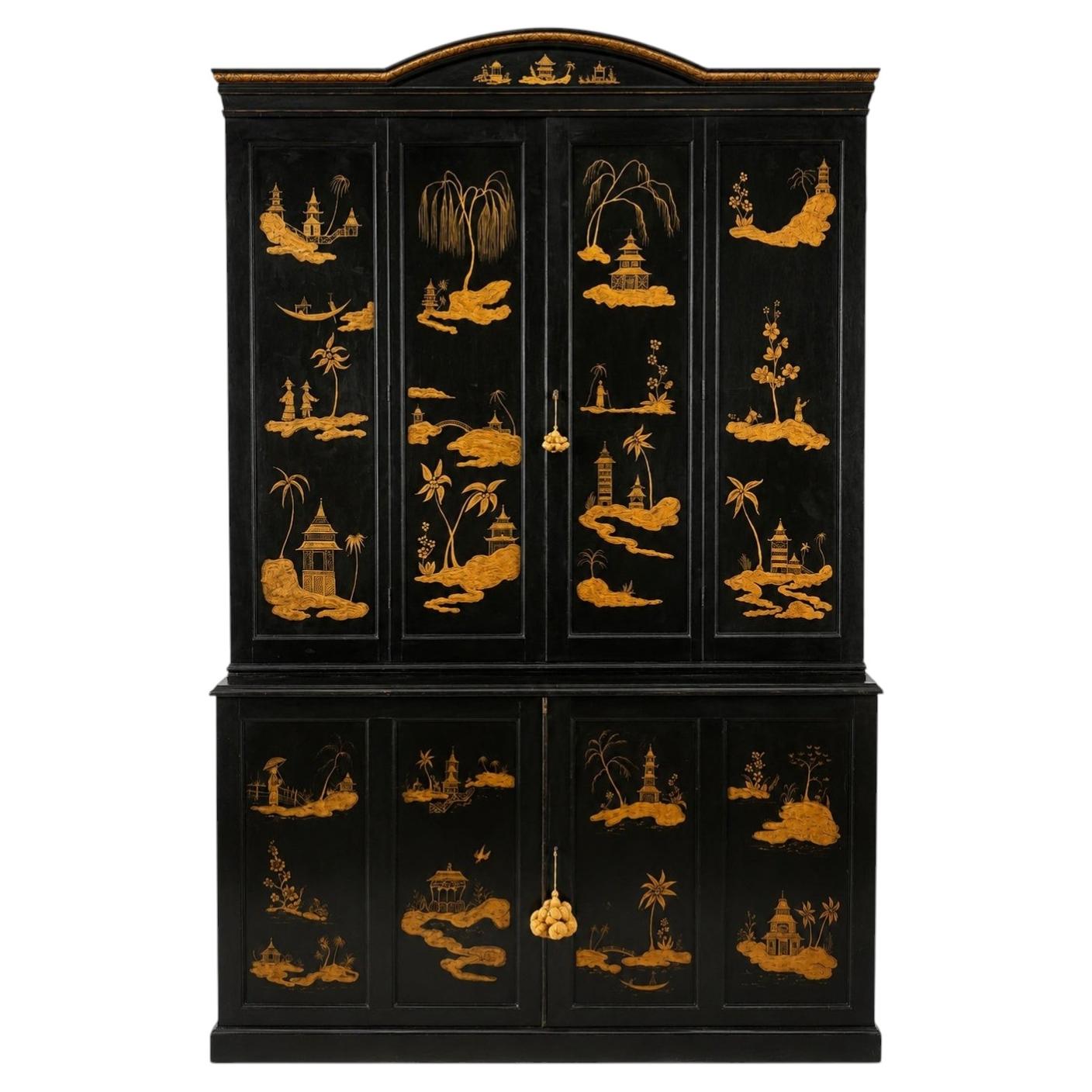 19th Century, English Black Chinoiserie Decorated Bi-Fold Door Cabinet For Sale