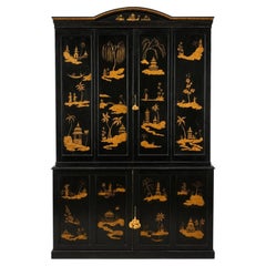 19th Century, English Black Chinoiserie Decorated Bi-Fold Door Cabinet