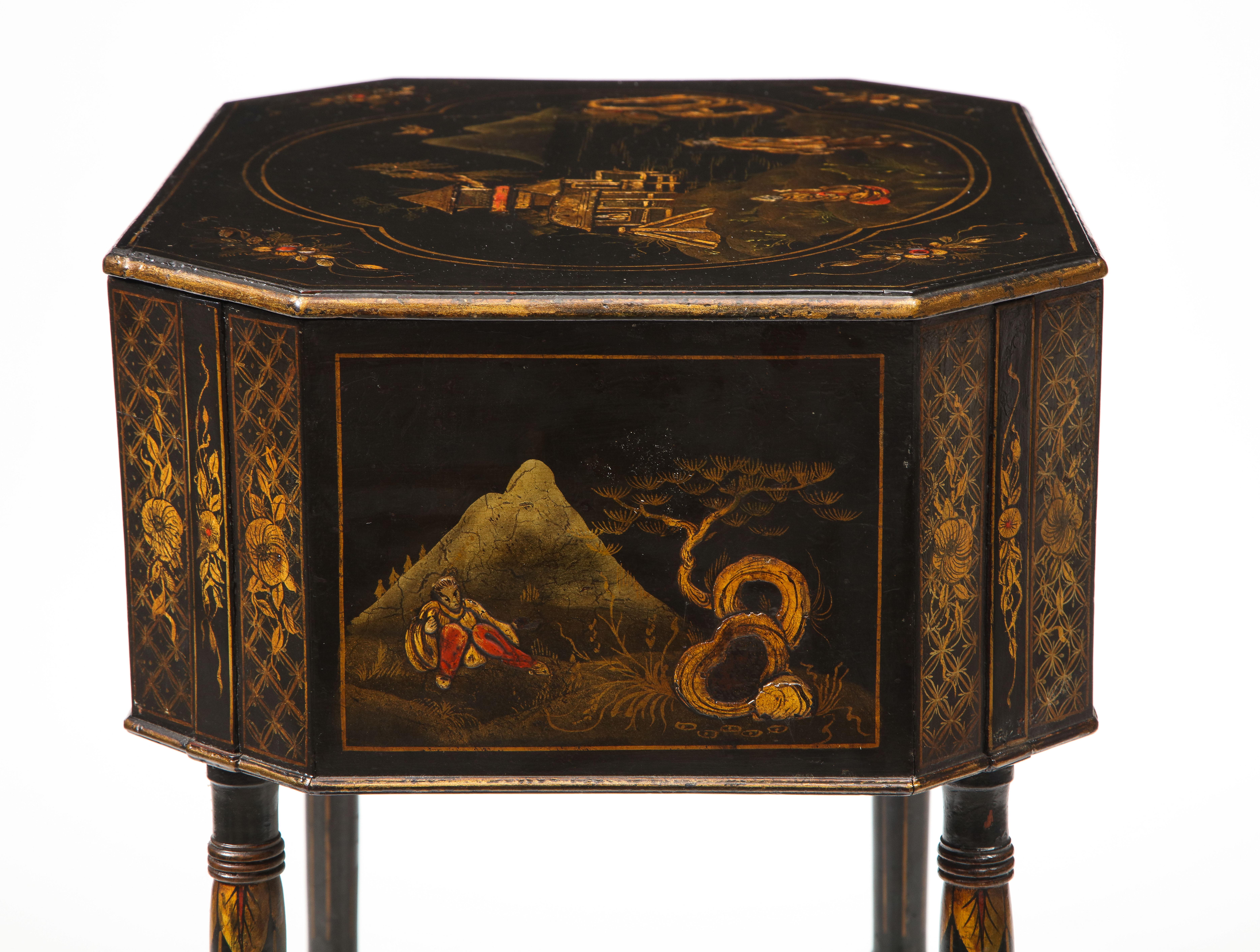 Sheraton 19th Century English Black Japanned Work Table For Sale