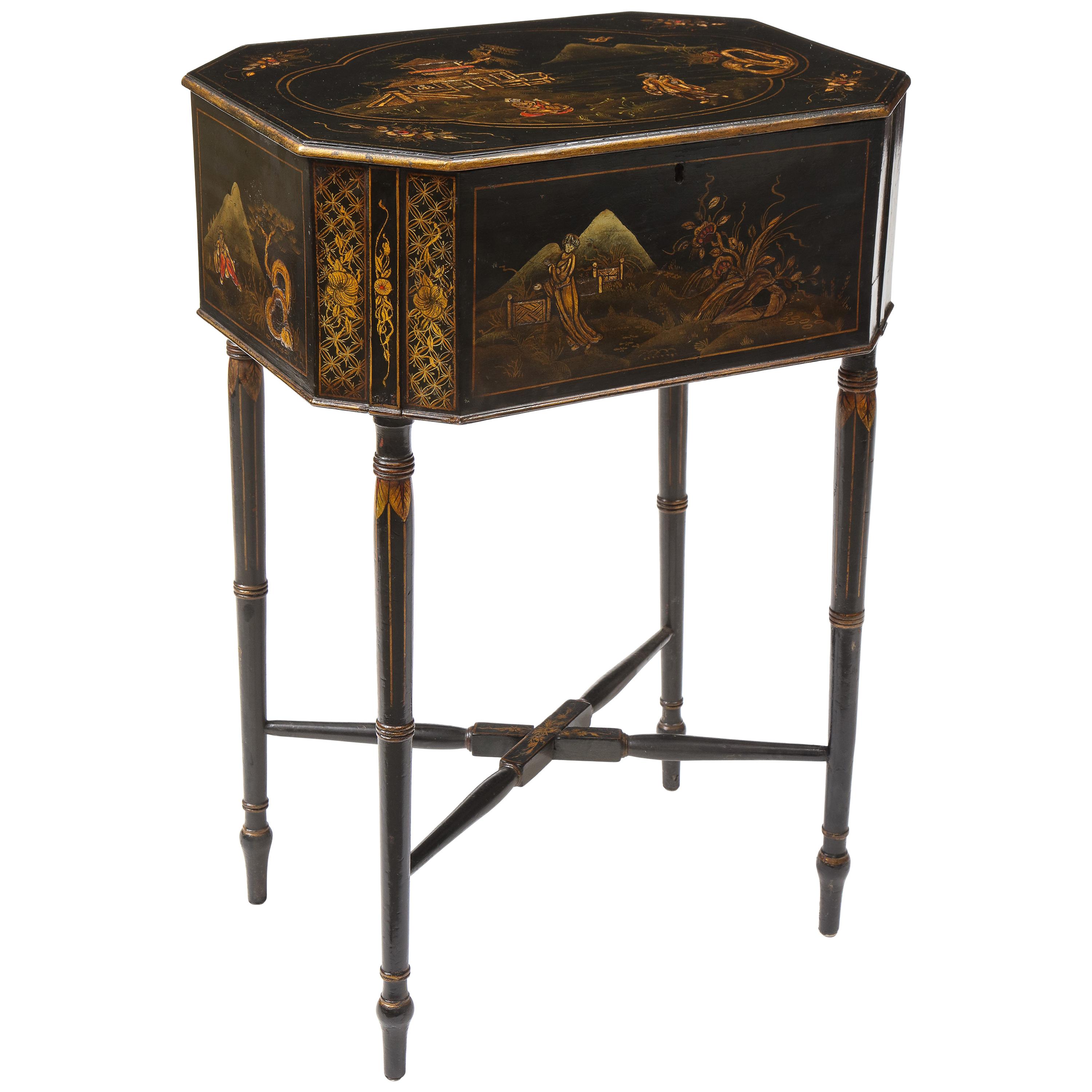 19th Century English Black Japanned Work Table For Sale
