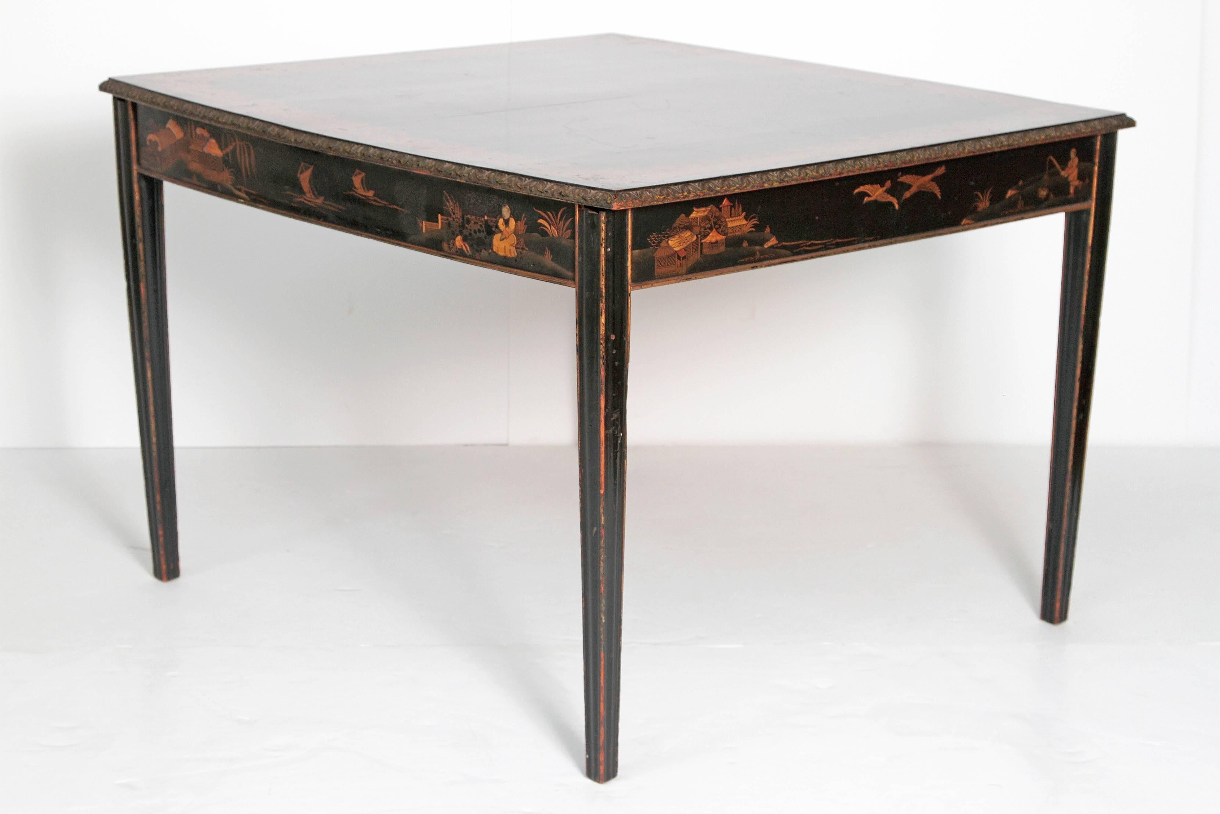 Hand-Painted 19th Century English Black Lacquer Chinoiserie Card / Games Table