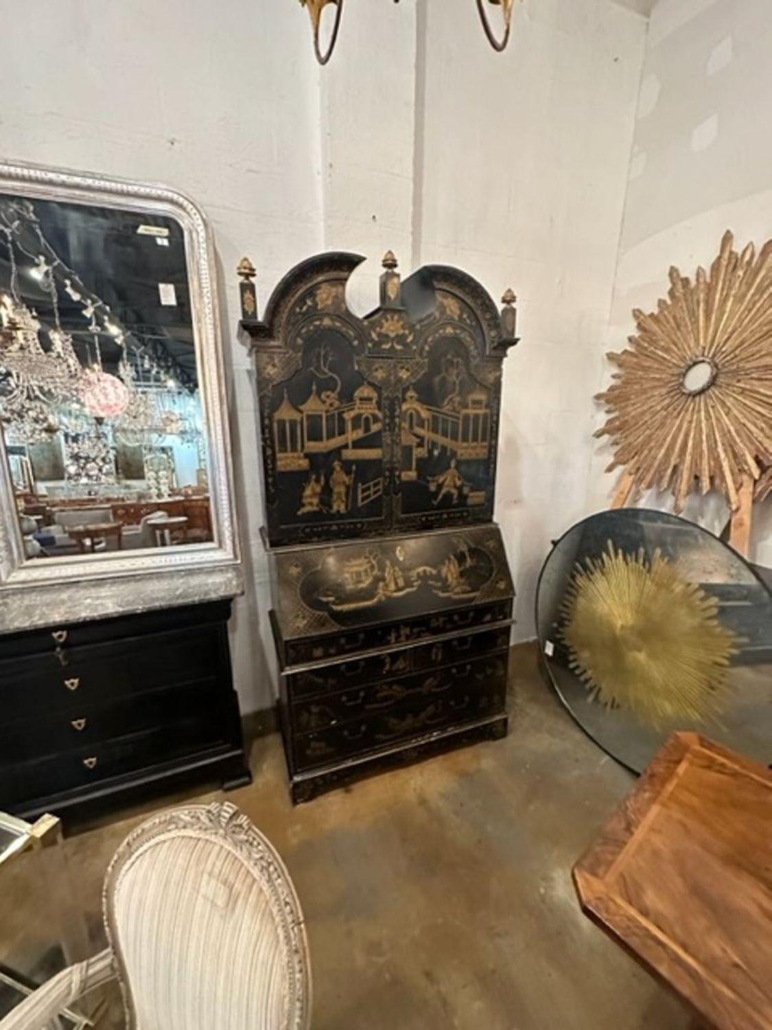 Hand-Painted 19th Century English Black Lacquered Chinoiserie Secretary For Sale