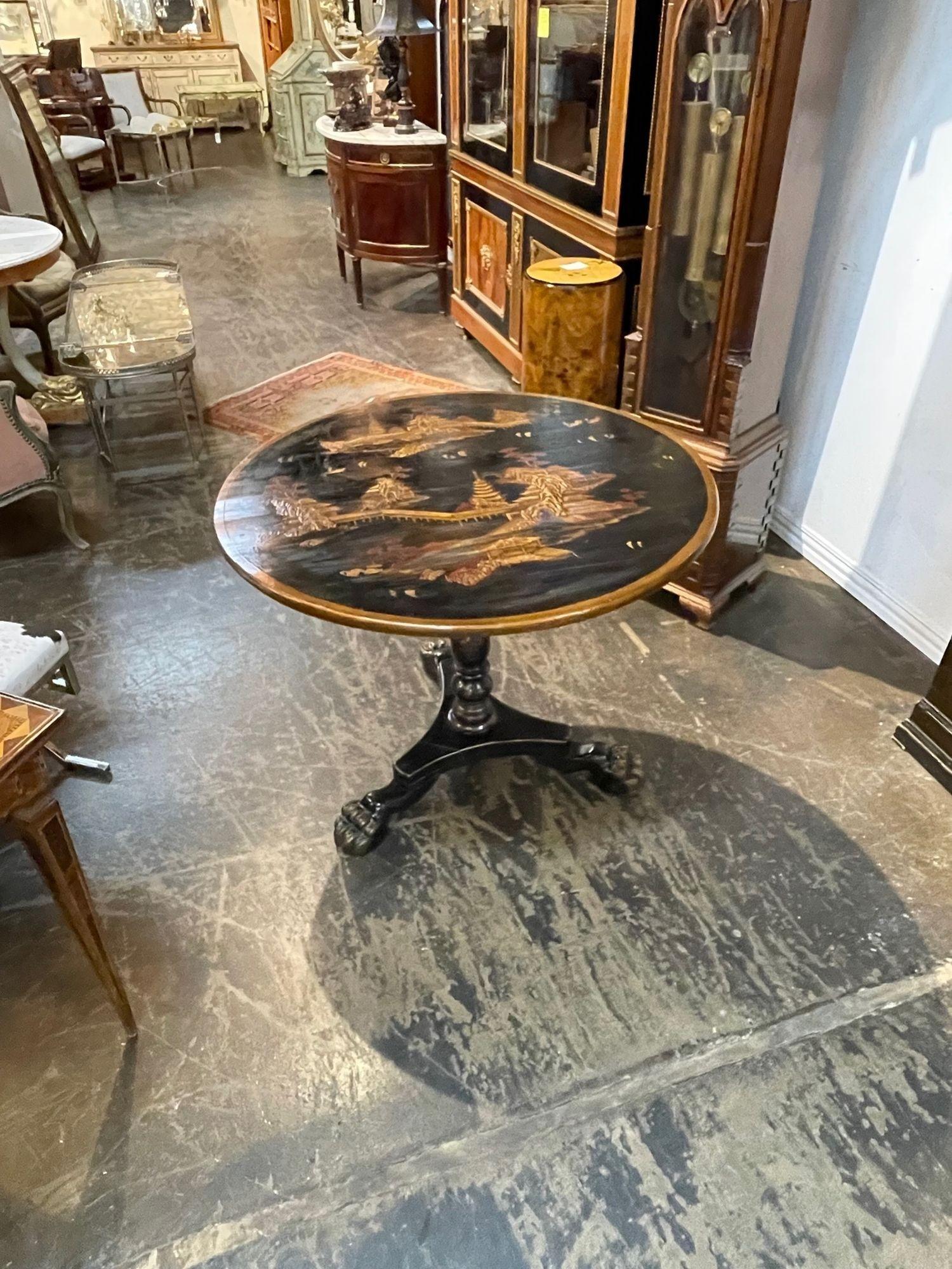19th Century English Black Lacquered Chinoiserie Tilt Top Table In Good Condition In Dallas, TX