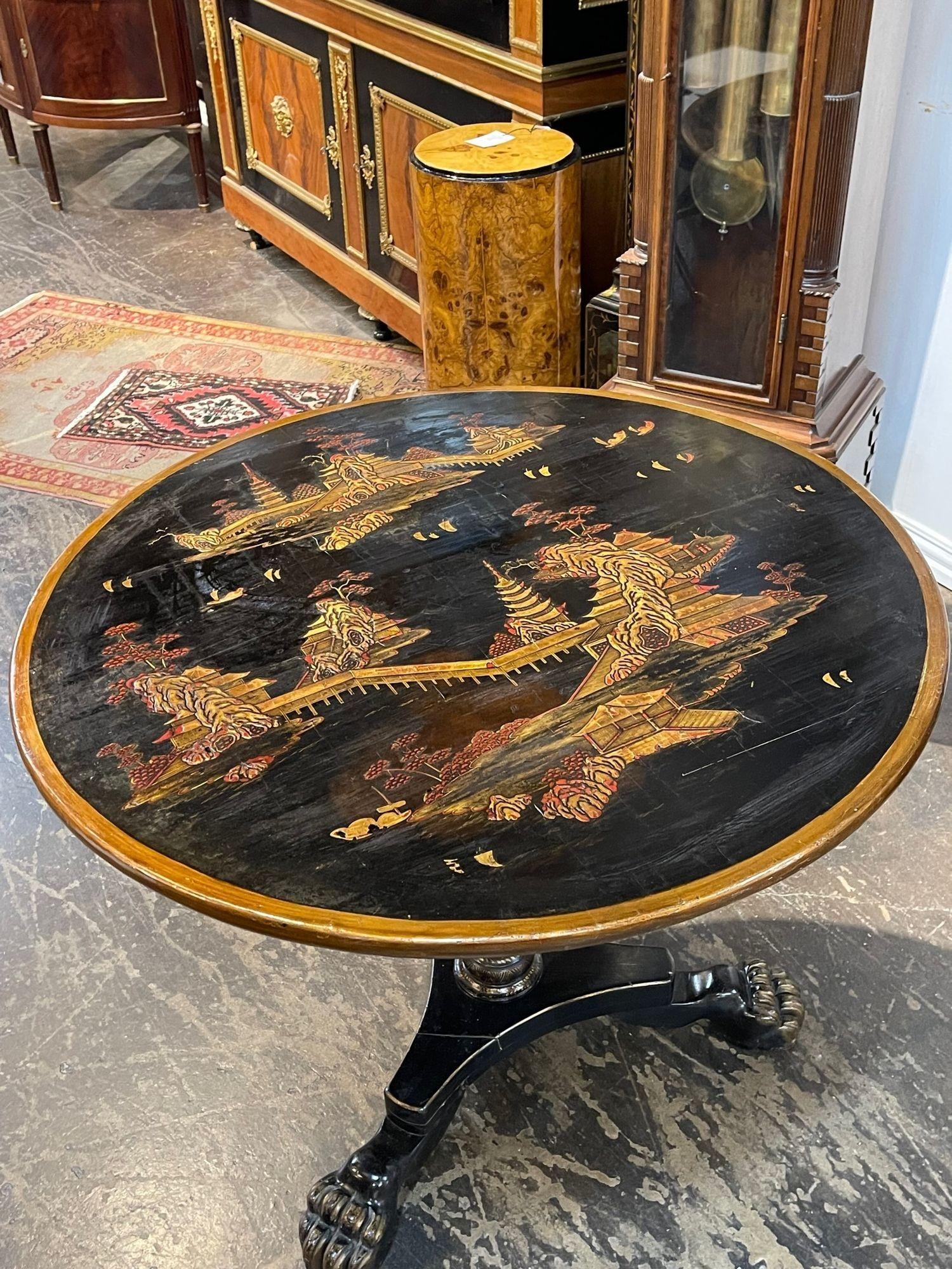 19th Century English Black Lacquered Chinoiserie Tilt Top Table 1
