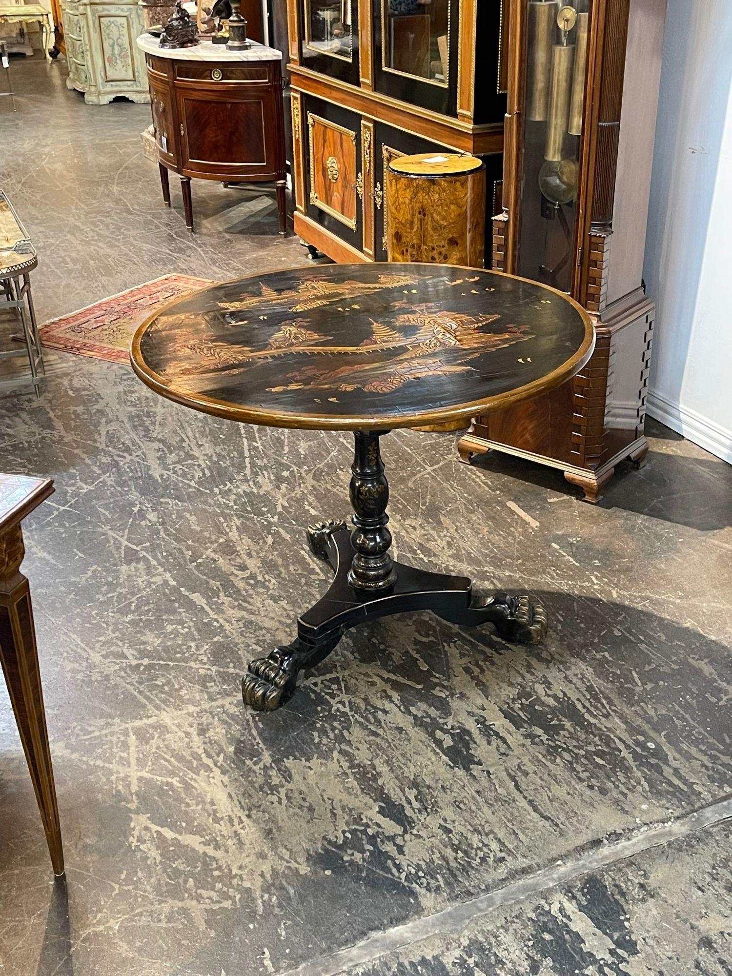 19th Century English Black Lacquered Chinoiserie Tilt Top Table 4