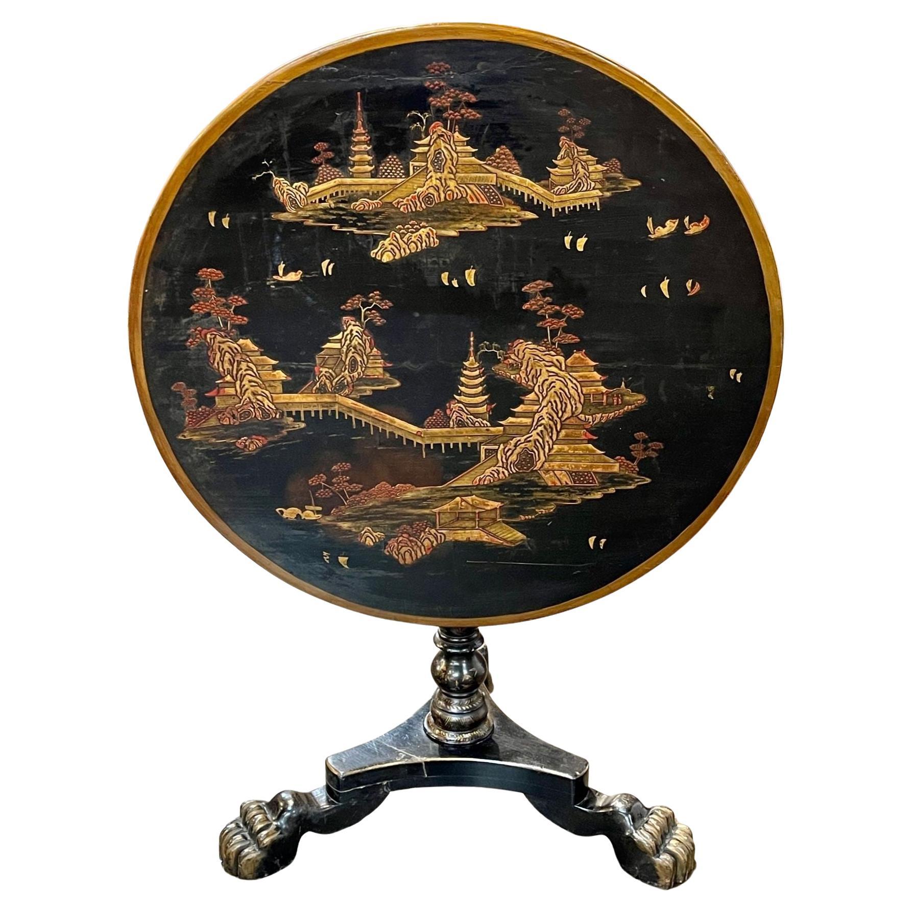 19th Century English Black Lacquered Chinoiserie Tilt Top Table
