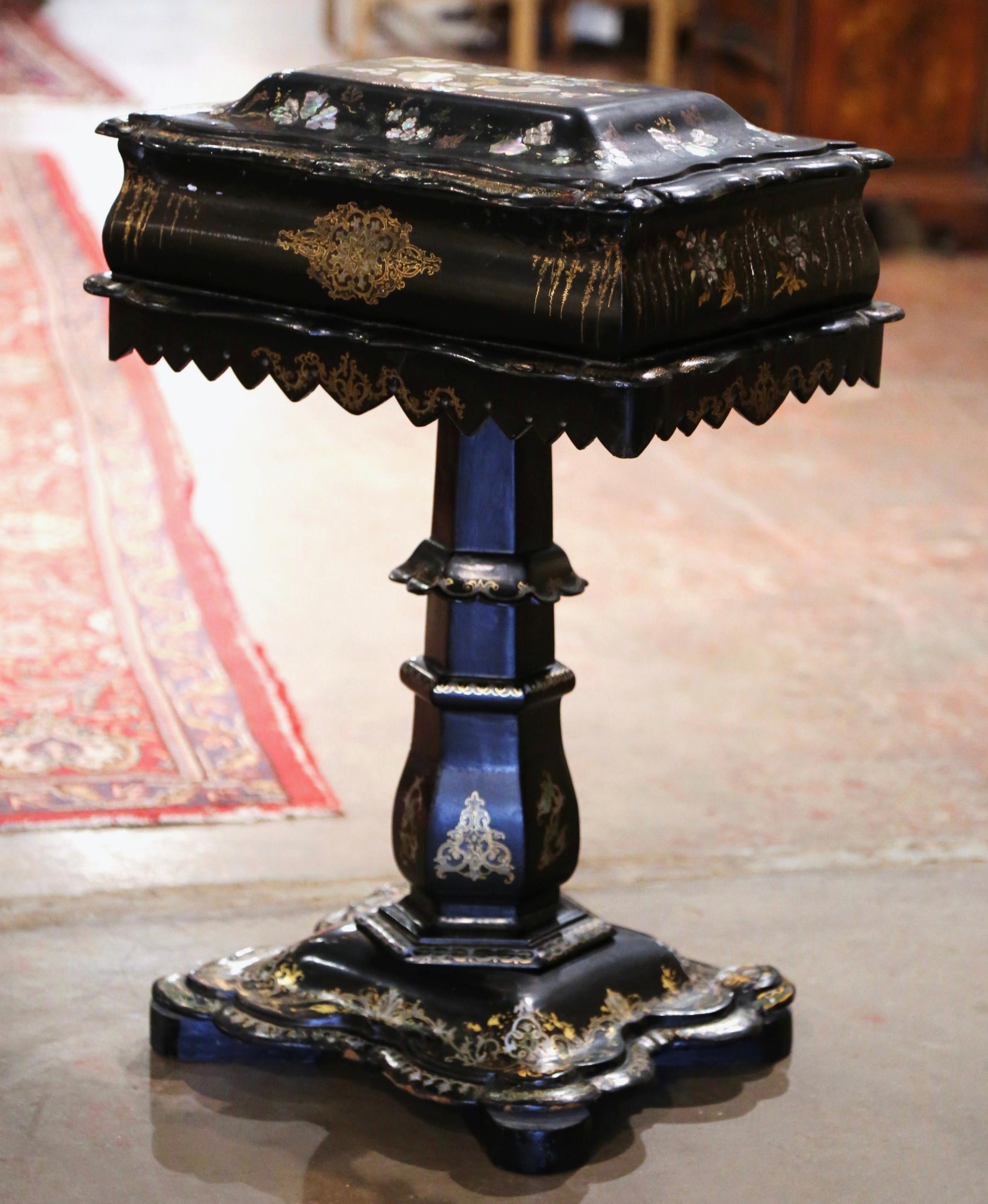 19th Century English Black Lacquered Mother of Pearl Paper Mache Sewing Table For Sale 3