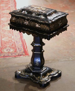 19th Century English Victorian Papier-Mâché Sewing Table with Gilt Inlay