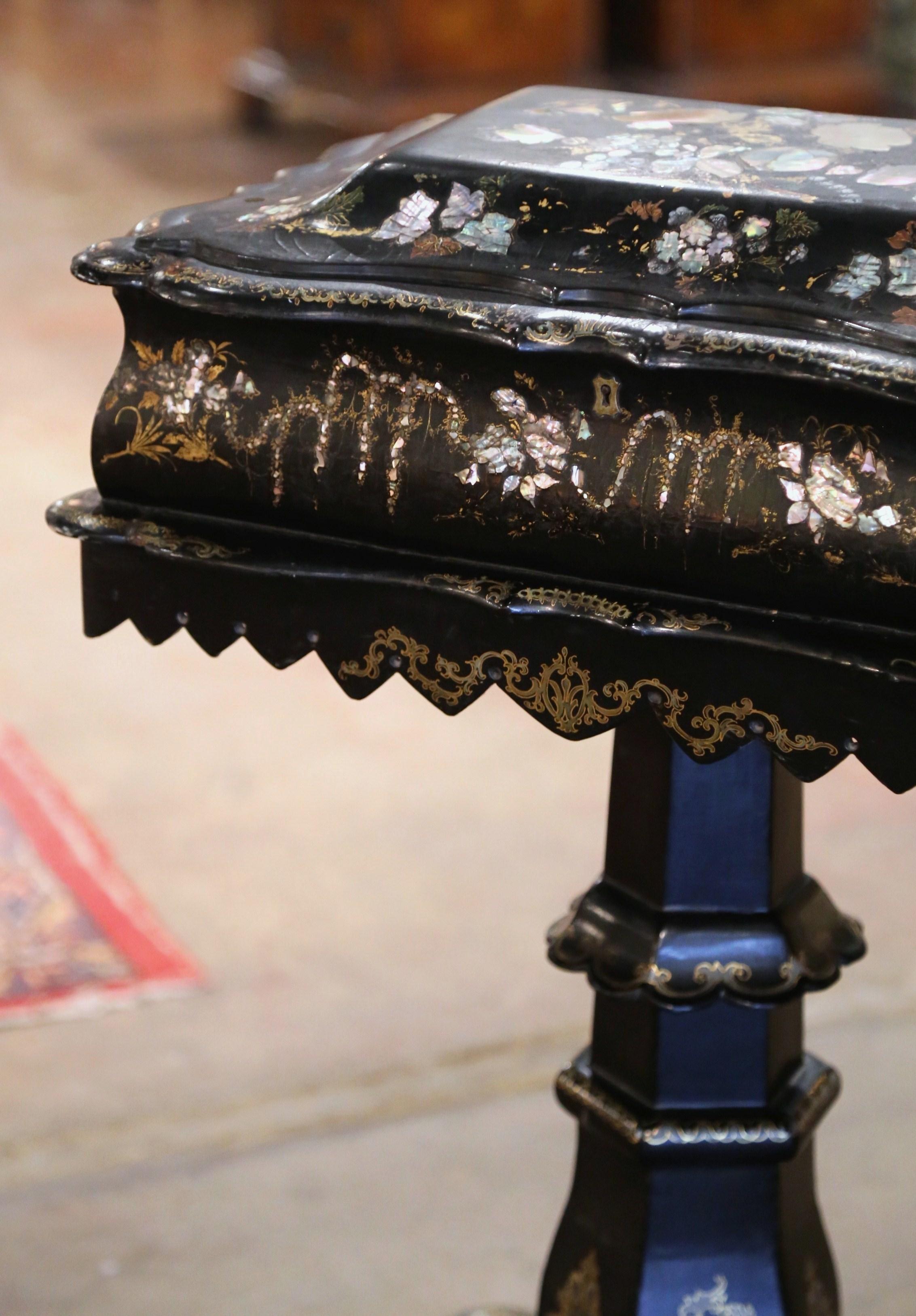 Victorian 19th Century English Black Lacquered Mother of Pearl Paper Mache Sewing Table For Sale