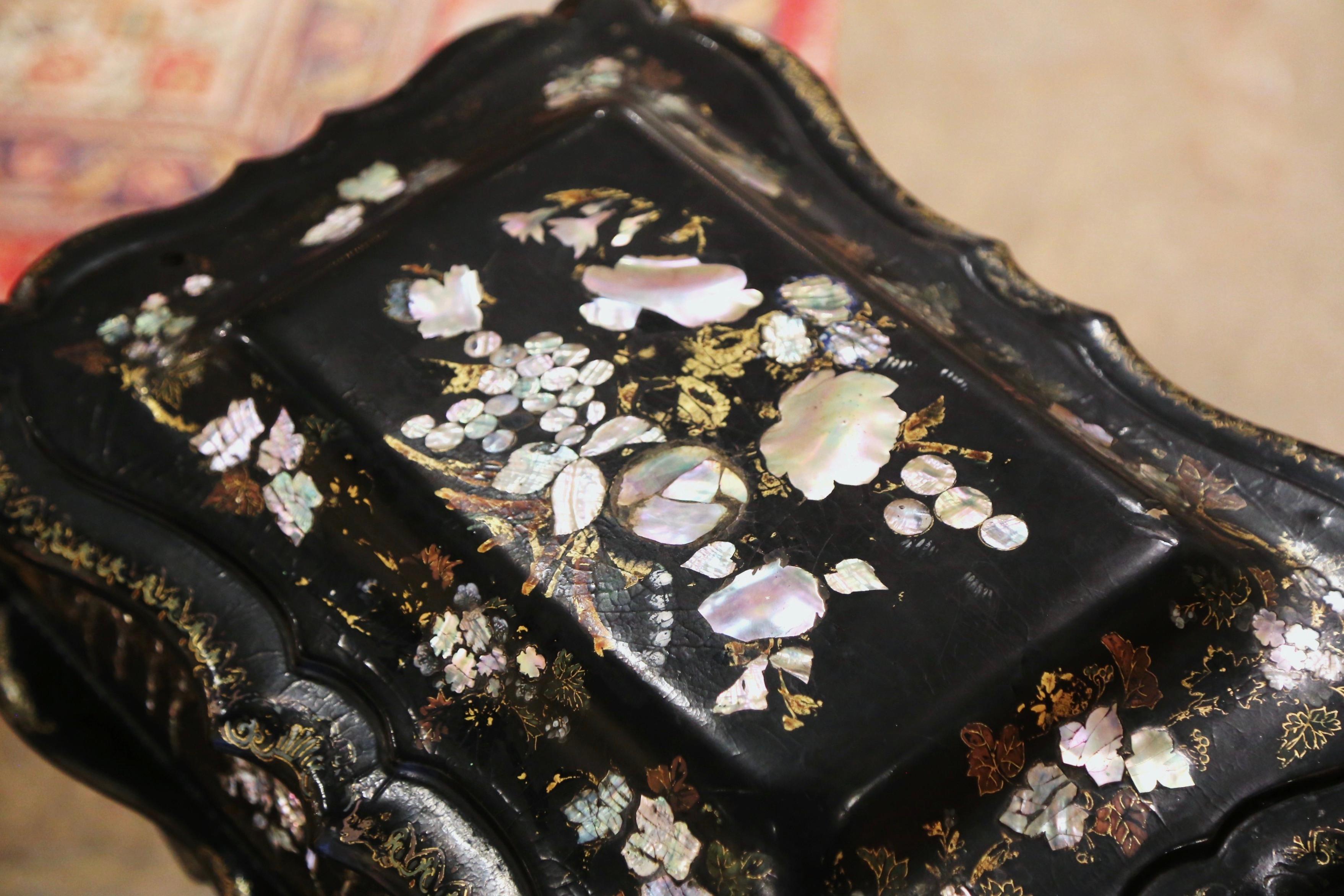 Hand-Painted 19th Century English Black Lacquered Mother of Pearl Paper Mache Sewing Table For Sale