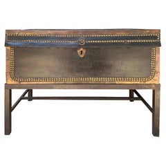 Antique 19th Century English Black Leather and Brass Trunk on Stand