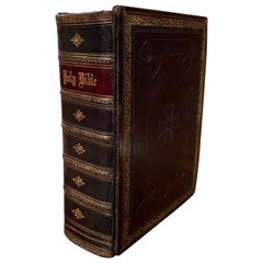 Antique 19th Century English Black Leather-Bound and Gilt Tooling Holy Family Bible