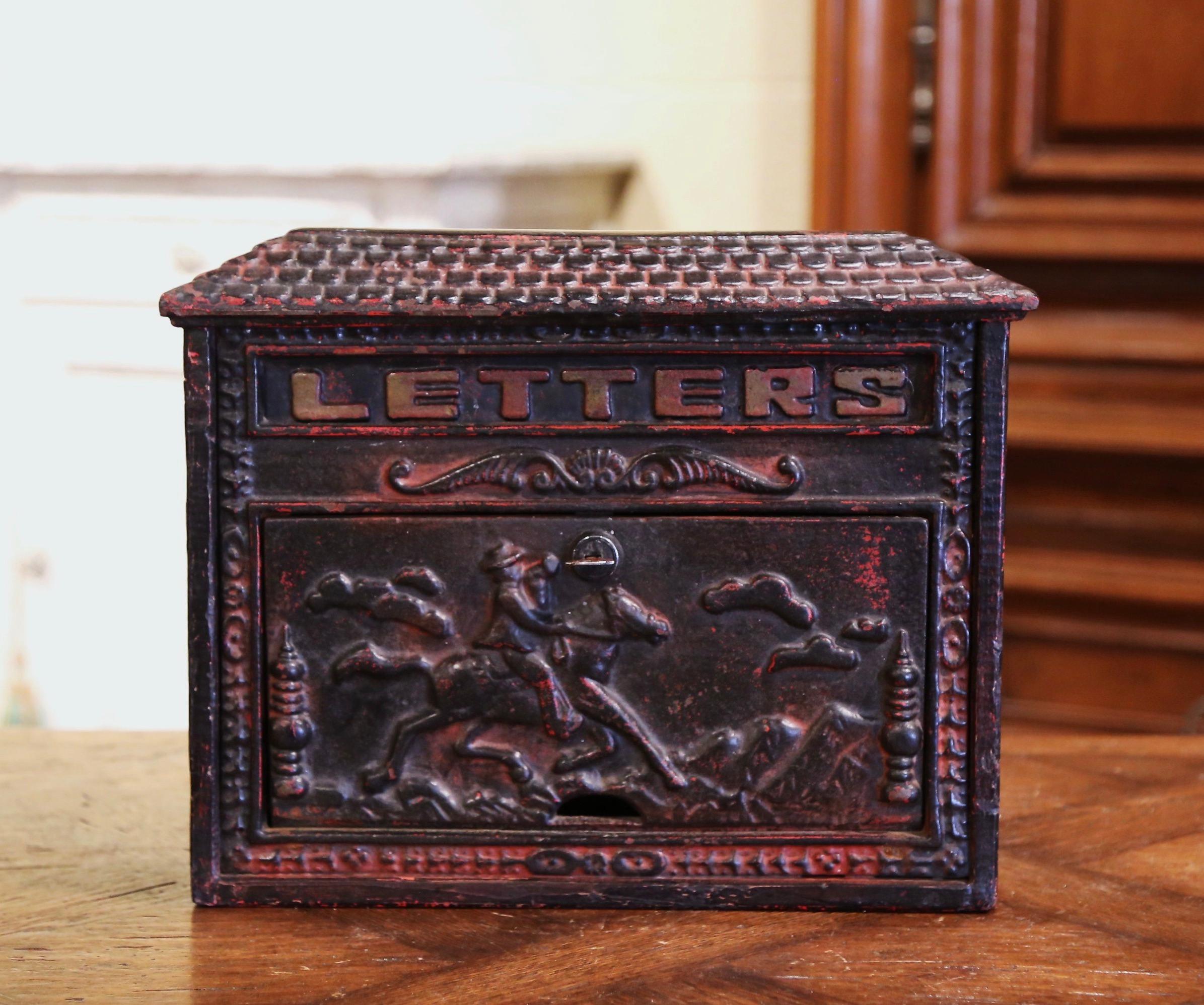 19th Century English Black Painted Cast Iron Wall Mailbox with Relief Decor In Excellent Condition In Dallas, TX