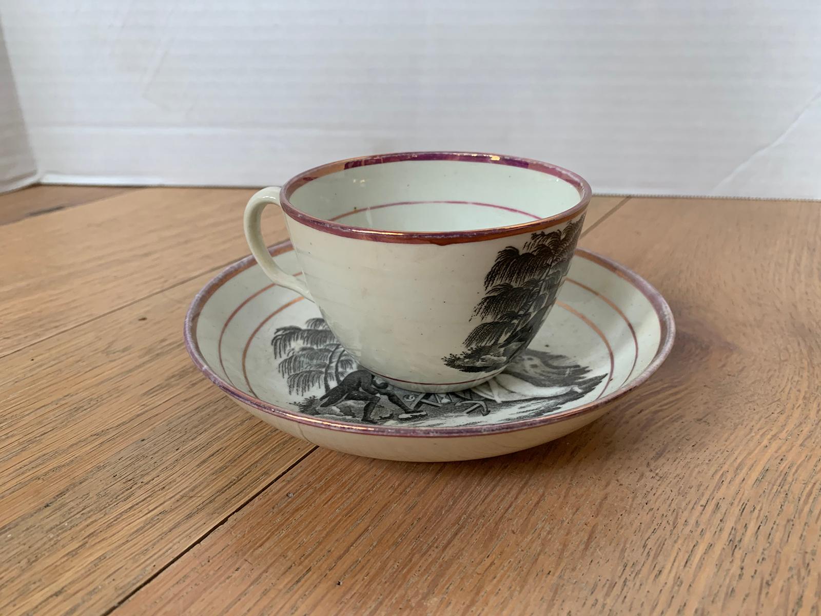 19th century English black transfer and pink luster ware tea cup and saucer
Measures: Cup 4.25