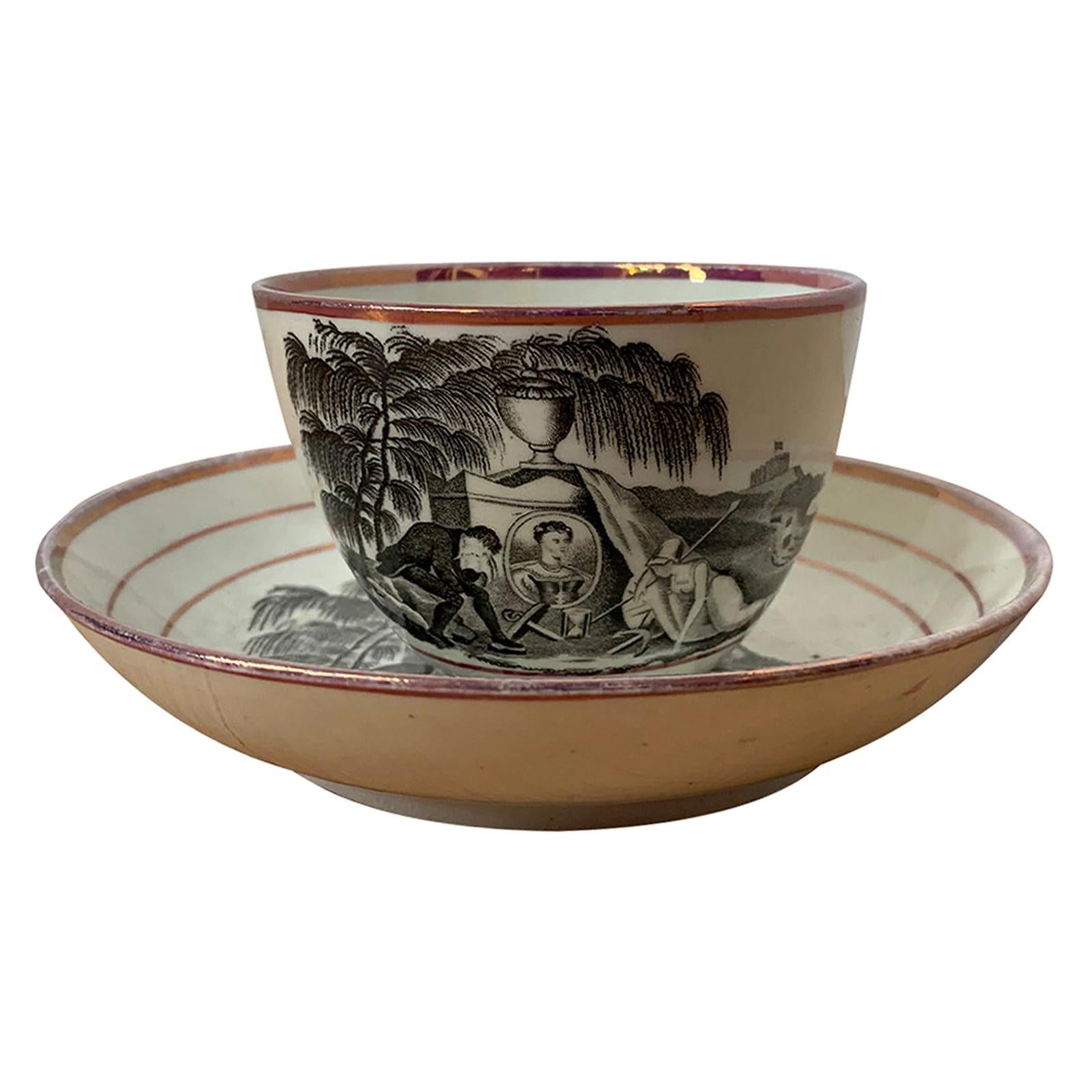 19th Century English Black Transfer and Pink Luster Ware Tea Cup and Saucer For Sale