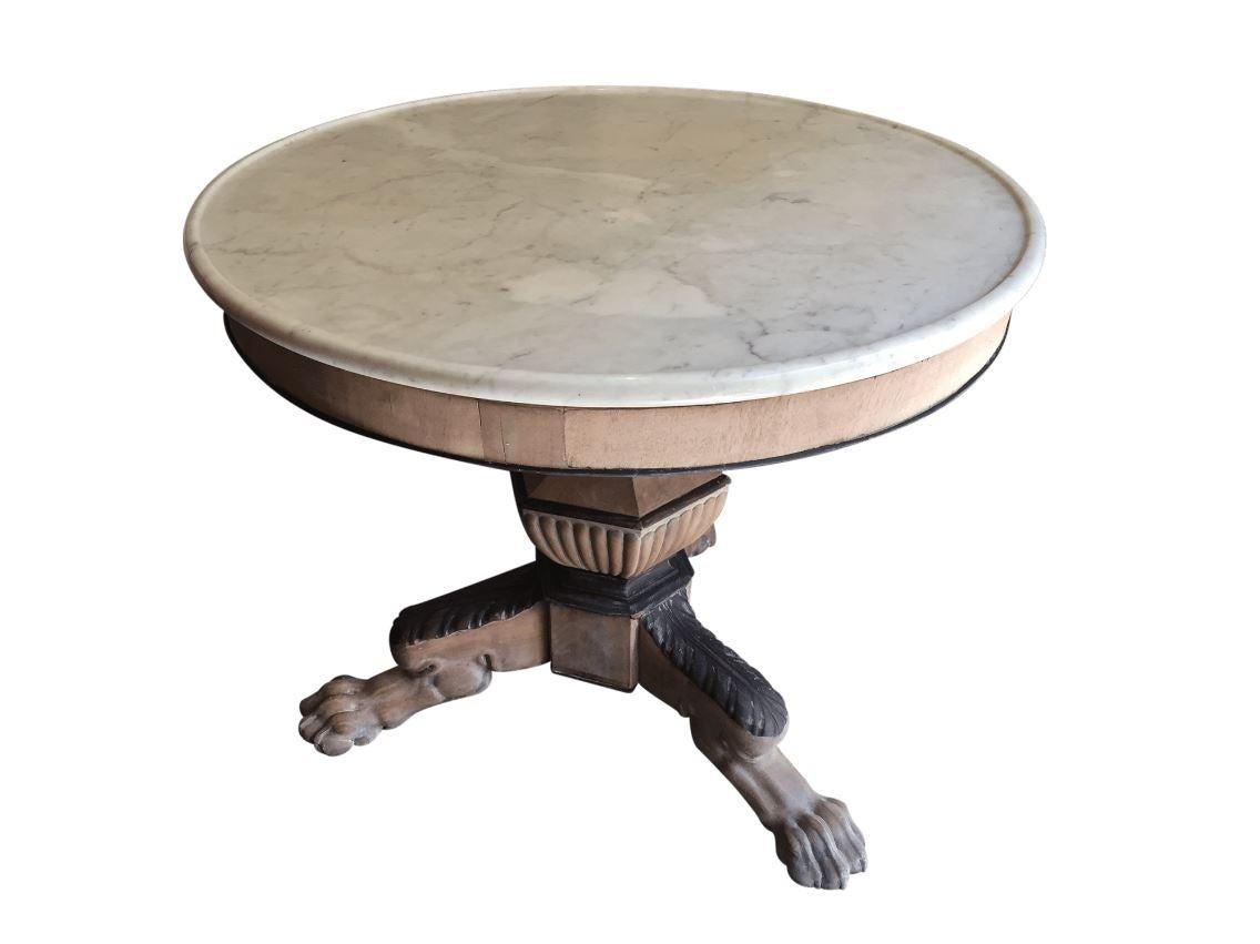 19th century English bleached mahogany round table with Carrara marble top, 1890s.
